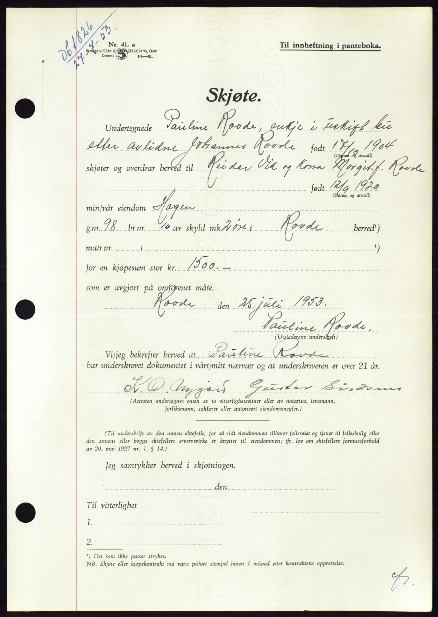 Søre Sunnmøre sorenskriveri, AV/SAT-A-4122/1/2/2C/L0095: Pantebok nr. 21A, 1953-1953, Dagboknr: 1826/1953