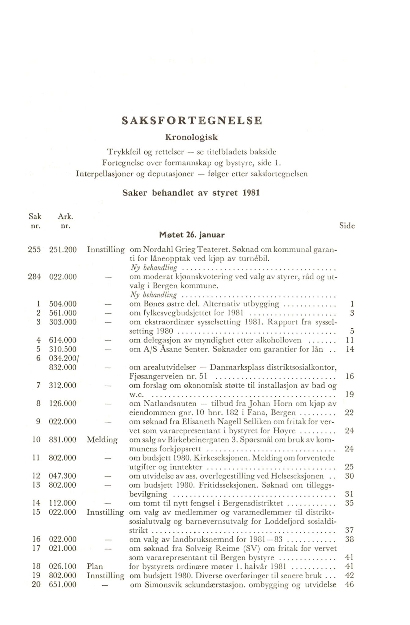 Bergen kommune. Formannskapet 1972 -, BBA/A-1809/A/Ab/L0019: Bergens kommuneforhandlinger 1981 I, 1981