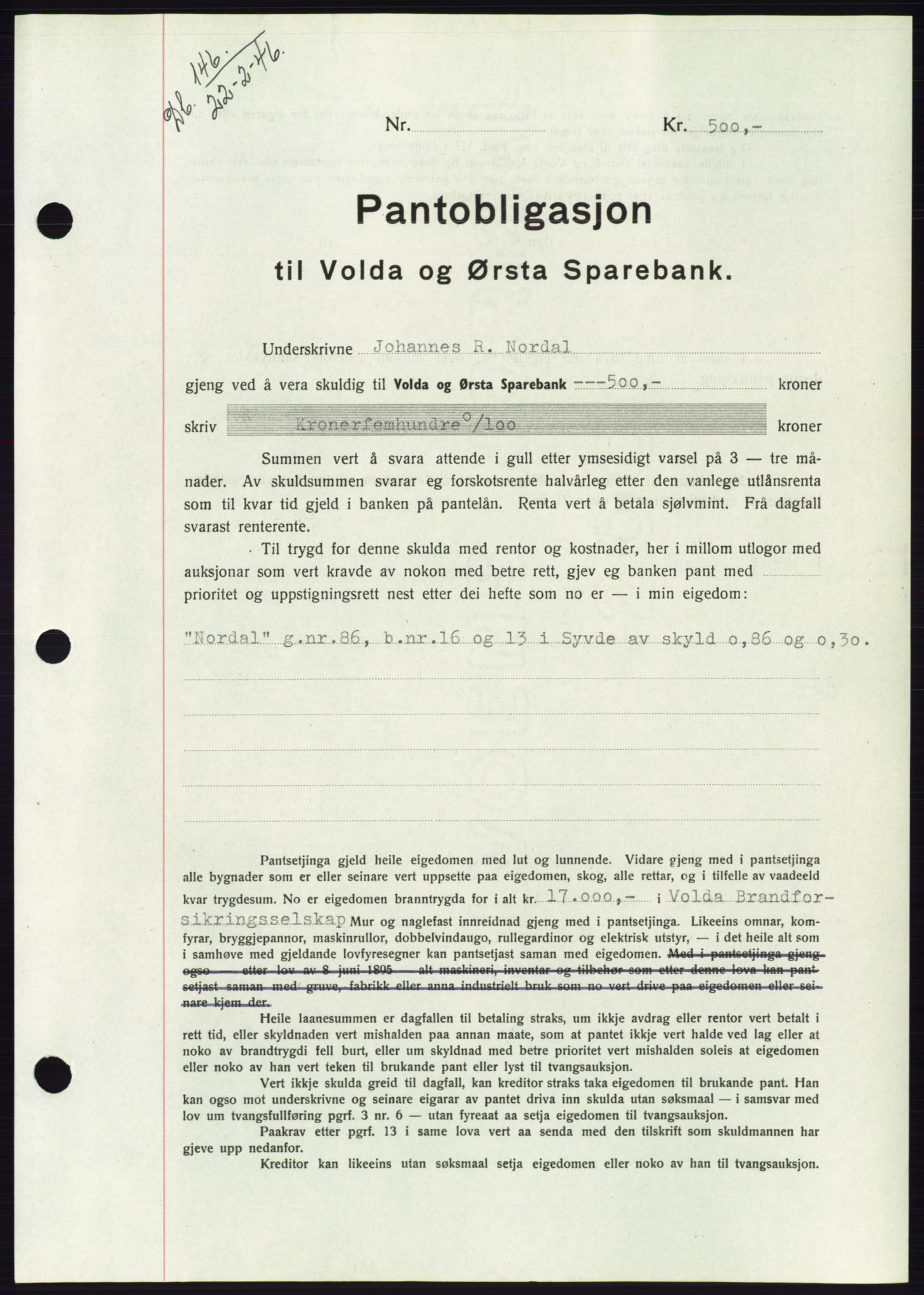 Søre Sunnmøre sorenskriveri, AV/SAT-A-4122/1/2/2C/L0114: Pantebok nr. 1-2B, 1943-1947, Dagboknr: 146/1946