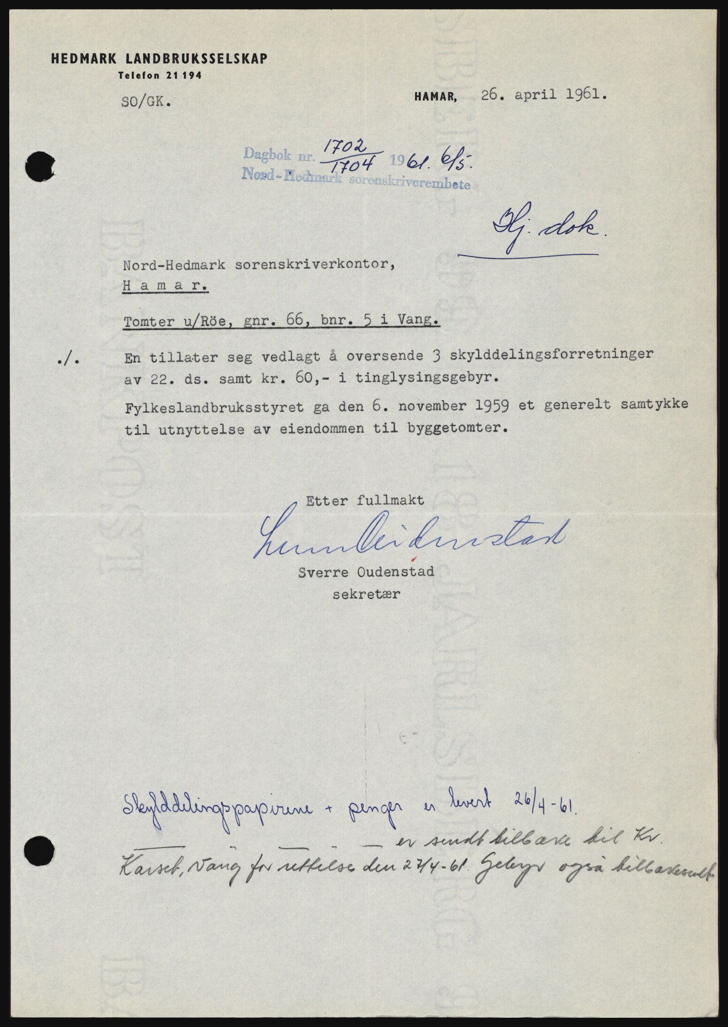 Nord-Hedmark sorenskriveri, SAH/TING-012/H/Hc/L0015: Pantebok nr. 15, 1961-1961, Dagboknr: 1702/1961