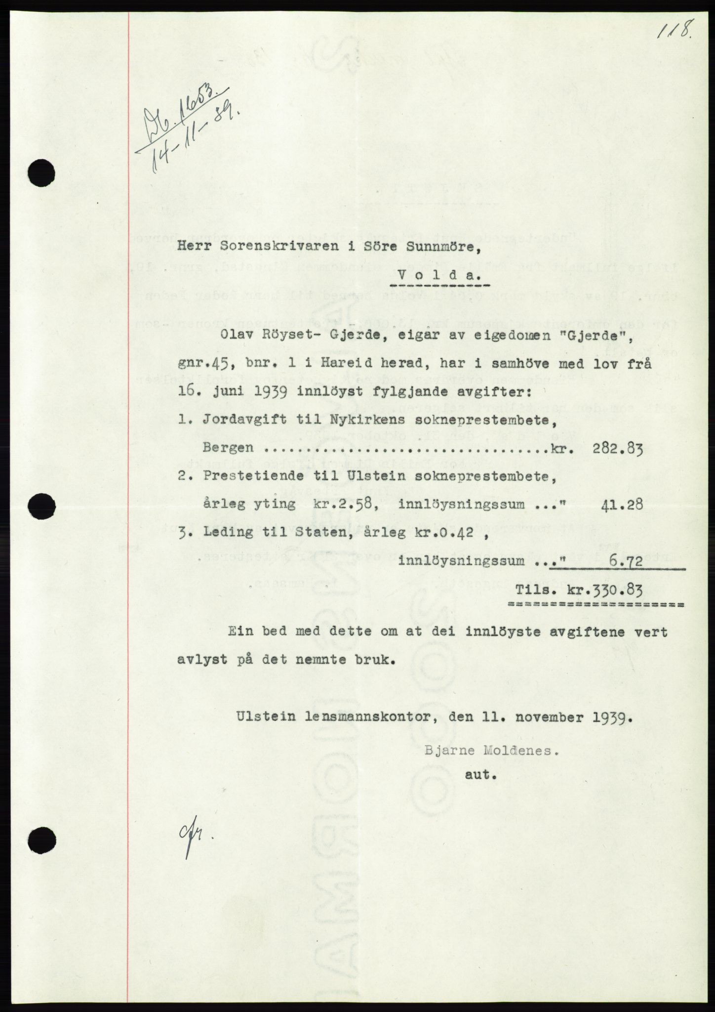 Søre Sunnmøre sorenskriveri, SAT/A-4122/1/2/2C/L0069: Pantebok nr. 63, 1939-1940, Dagboknr: 1653/1939