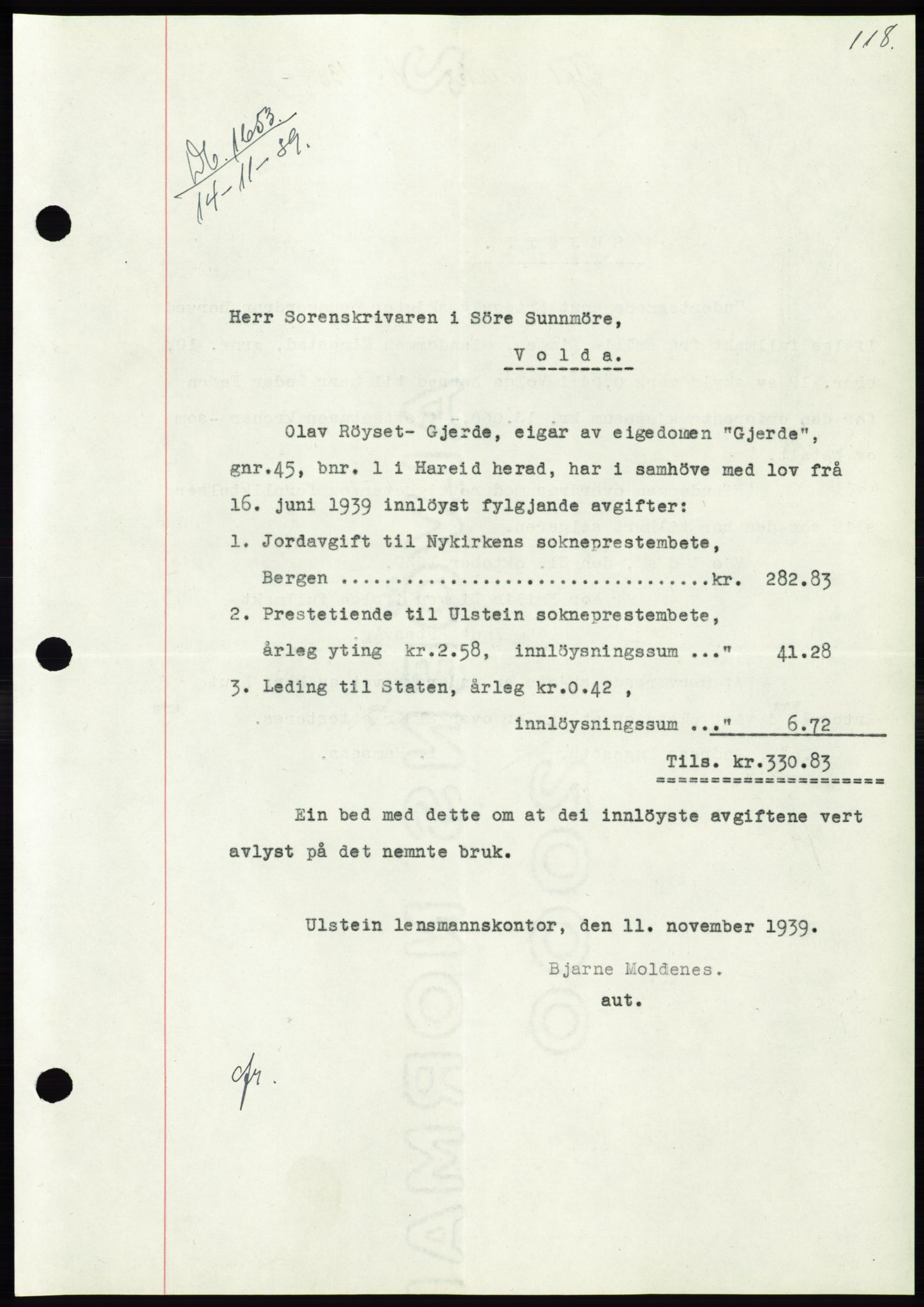 Søre Sunnmøre sorenskriveri, AV/SAT-A-4122/1/2/2C/L0069: Pantebok nr. 63, 1939-1940, Dagboknr: 1653/1939