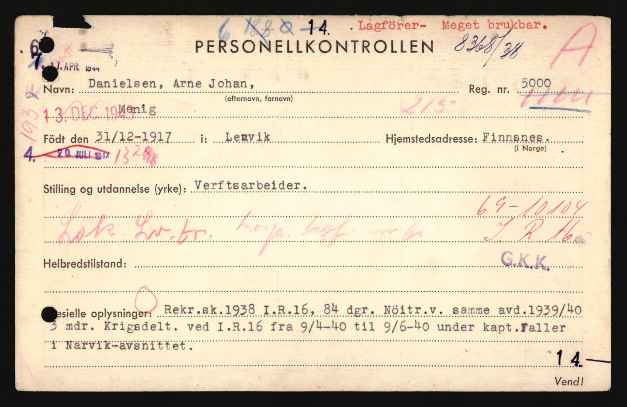 Forsvaret, Troms infanteriregiment nr. 16, AV/RA-RAFA-3146/P/Pa/L0022: Rulleblad for regimentets menige mannskaper, årsklasse 1938, 1938, s. 171