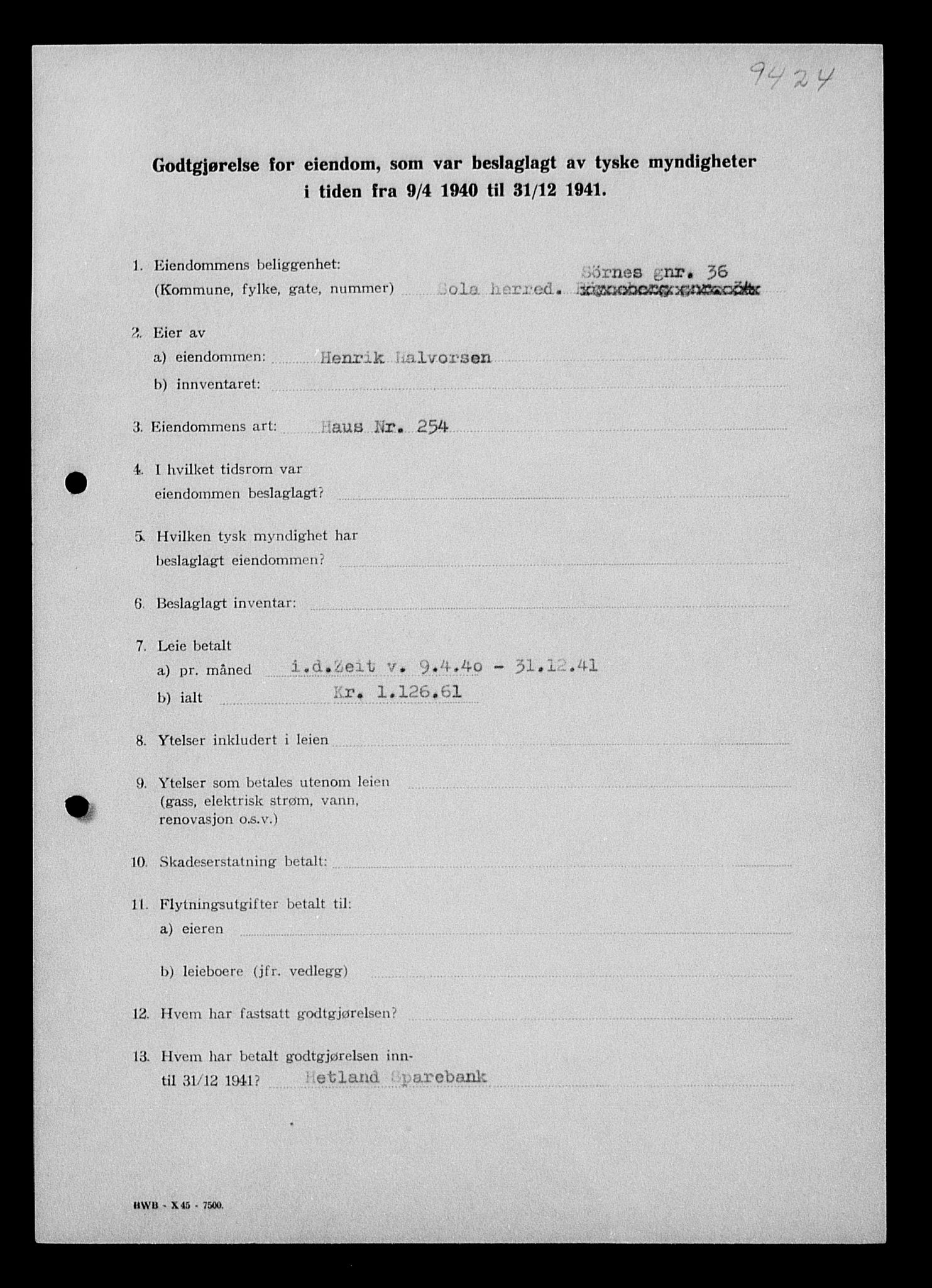 Justisdepartementet, Tilbakeføringskontoret for inndratte formuer, AV/RA-S-1564/I/L1014: Godtgjørelse for beslaglagt eiendom, 1940-1941, s. 298