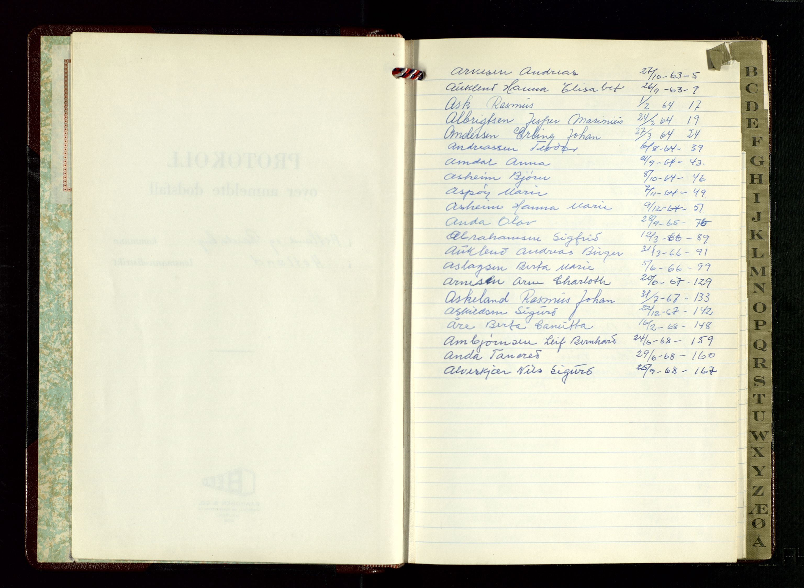 Hetland lensmannskontor, SAST/A-100101/Gga/L0008: "Protokoll over anmeldte dødsfall" (med alfabetisk navneregister), 1963-1968