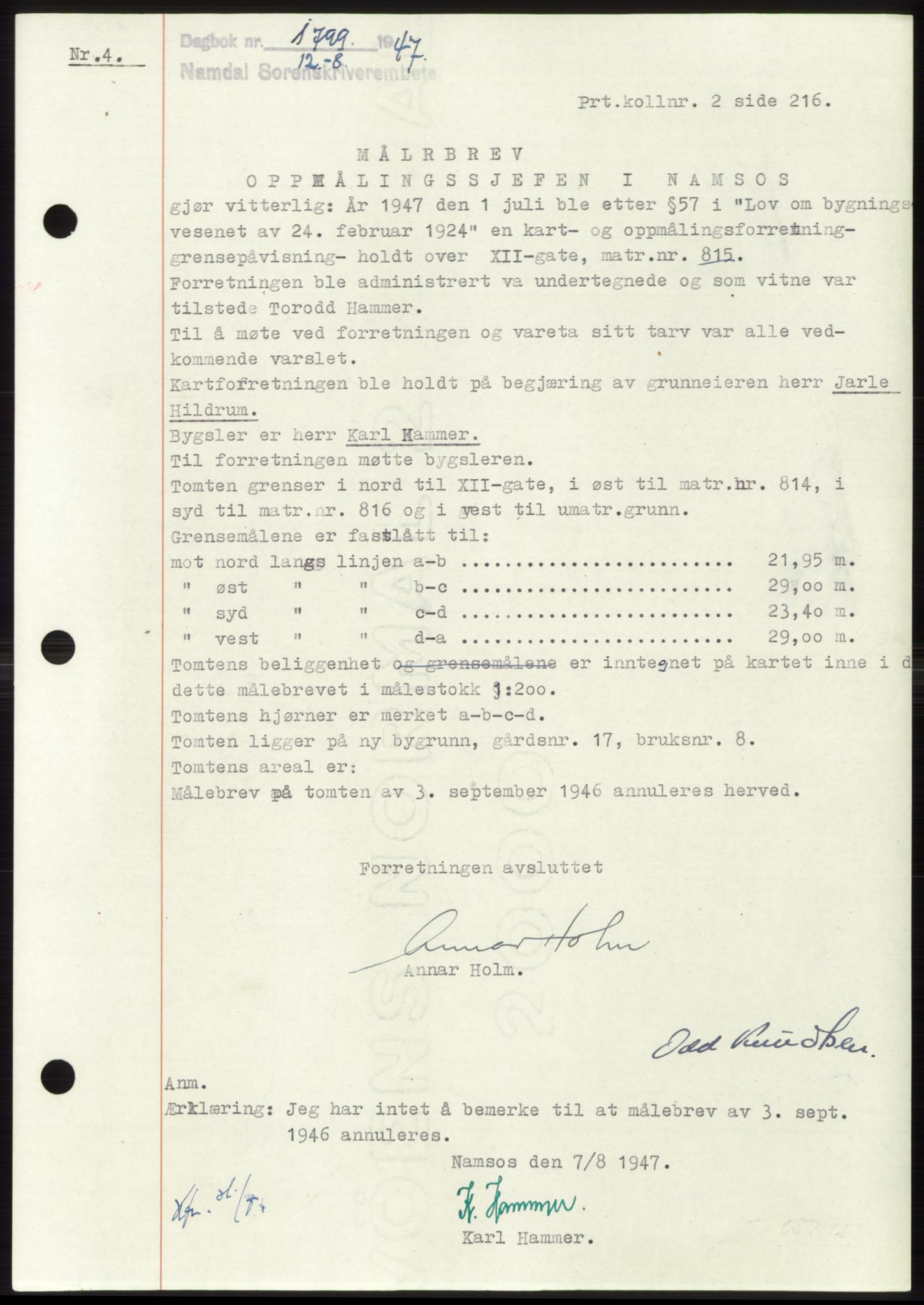 Namdal sorenskriveri, SAT/A-4133/1/2/2C: Pantebok nr. -, 1947-1947, Dagboknr: 1799/1947