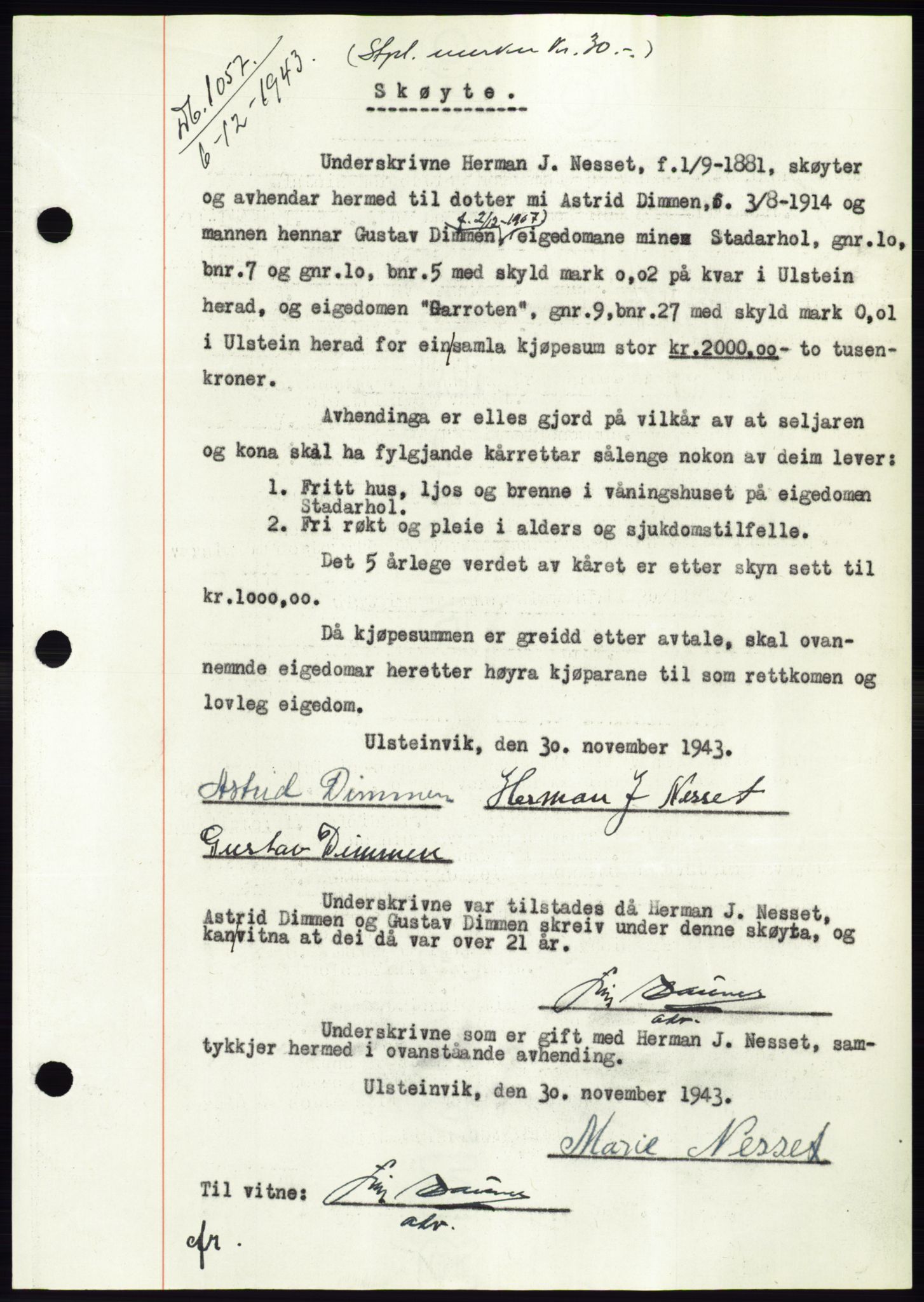 Søre Sunnmøre sorenskriveri, AV/SAT-A-4122/1/2/2C/L0075: Pantebok nr. 1A, 1943-1943, Dagboknr: 1057/1943