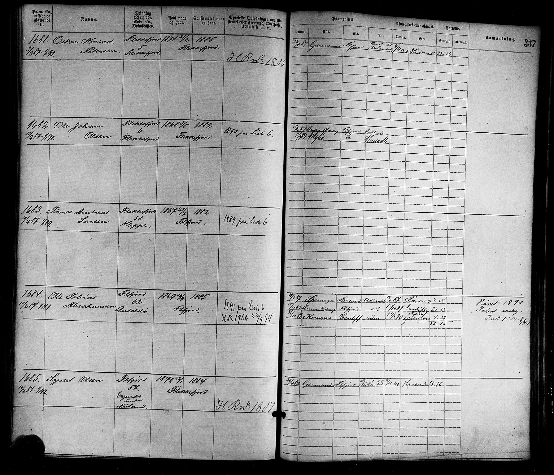 Flekkefjord mønstringskrets, AV/SAK-2031-0018/F/Fa/L0002: Annotasjonsrulle nr 1-1920 med register, N-2, 1870-1891, s. 372