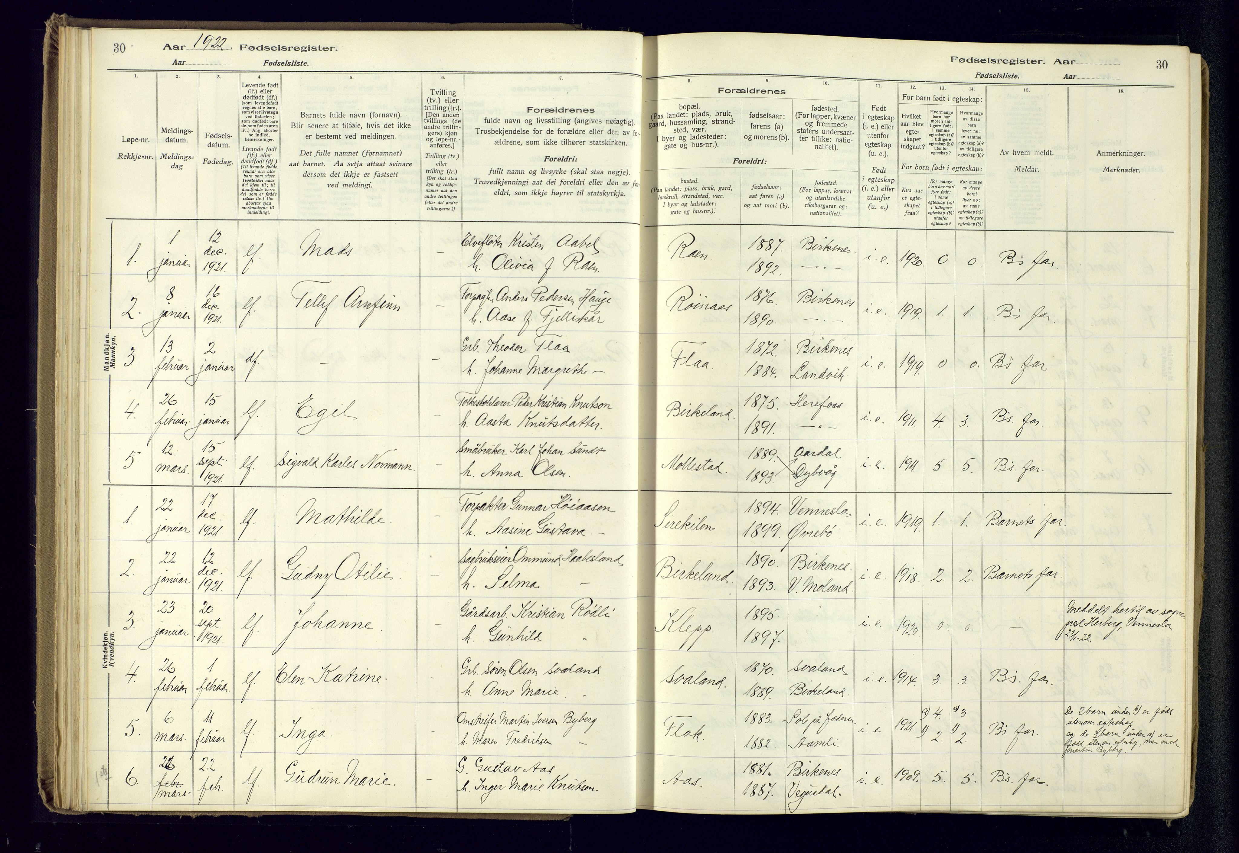 Birkenes sokneprestkontor, SAK/1111-0004/J/Ja/L0001: Fødselsregister nr. II.6.4, 1916-1962, s. 30