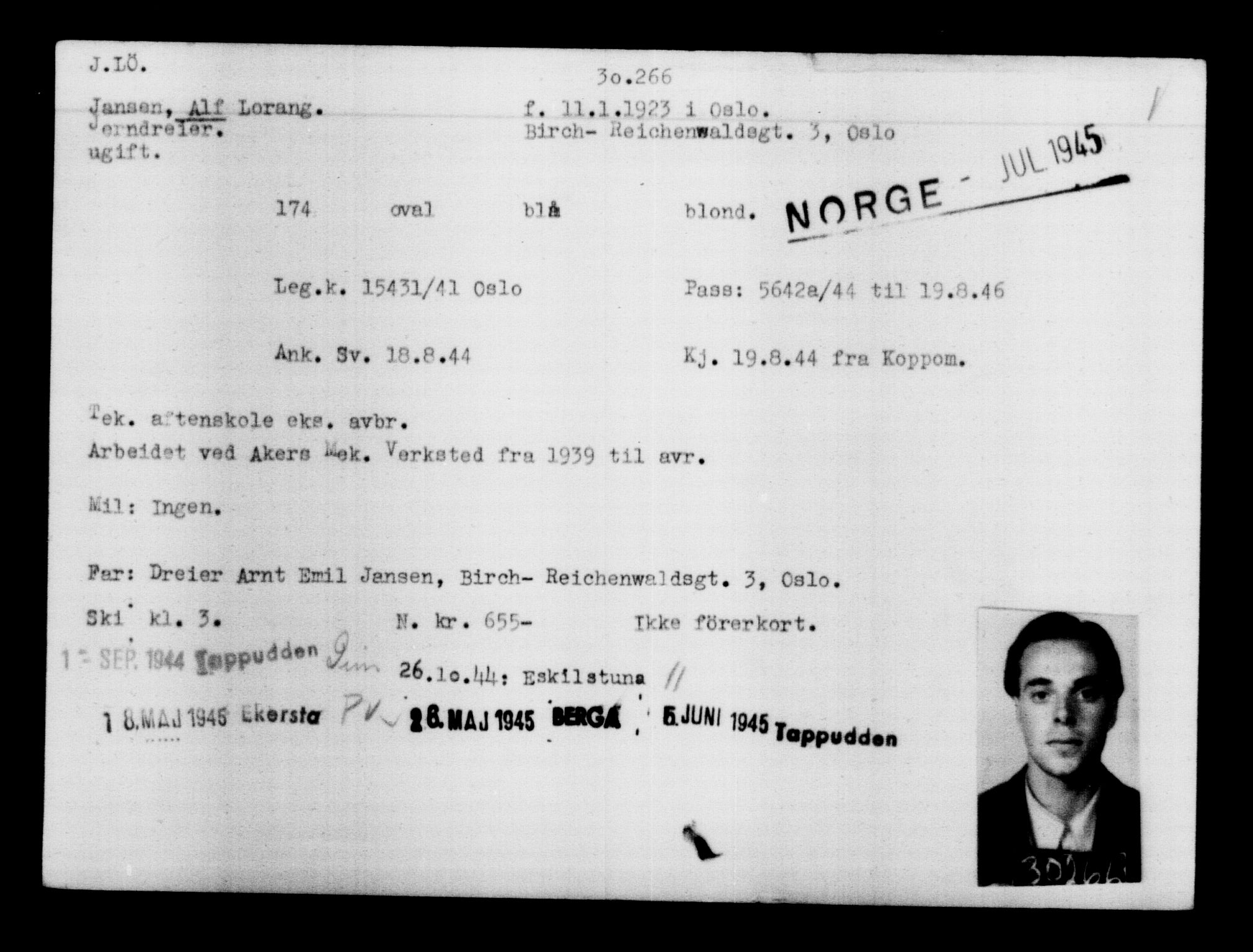 Utenriksstasjonene, Legasjonen i Stockholm, Flyktningkontoret, AV/RA-S-6753/V/Va/L0012: Kjesäterkartoteket, flyktninger med registreringsnr. 28300-31566, 1940-1945, s. 2160