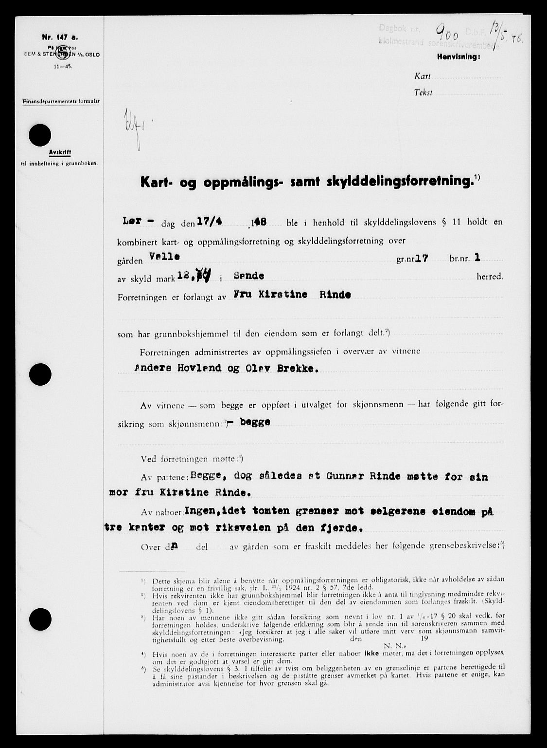 Holmestrand sorenskriveri, SAKO/A-67/G/Ga/Gaa/L0064: Pantebok nr. A-64, 1948-1948, Dagboknr: 900/1948