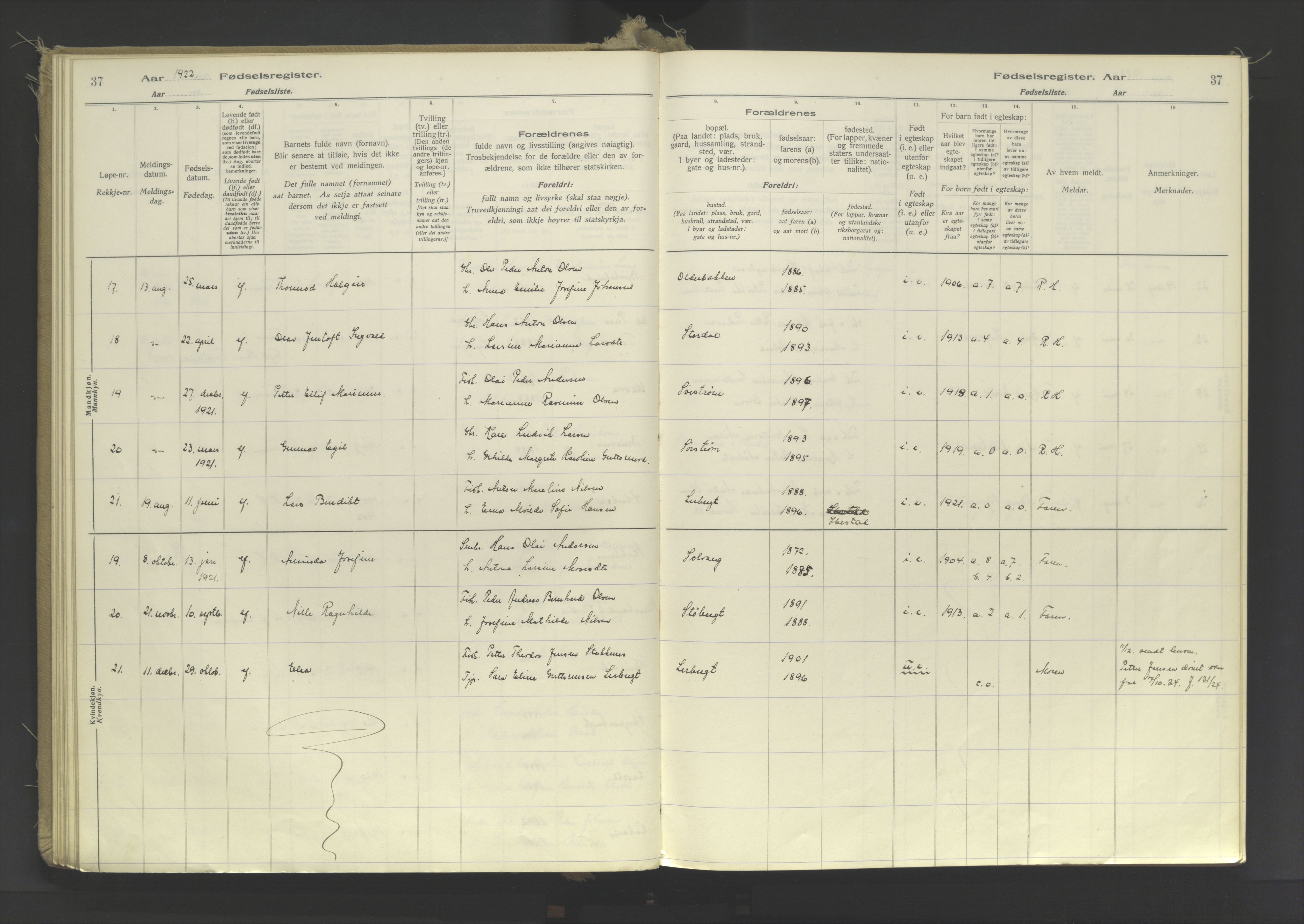 Lyngen sokneprestembete, AV/SATØ-S-1289/I/Ia/L0078: Fødselsregister nr. 78, 1916-1950, s. 37