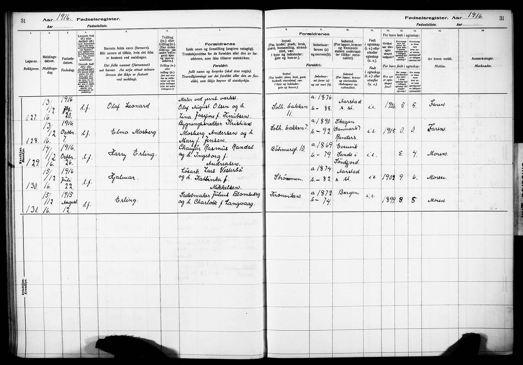 Årstad Sokneprestembete, AV/SAB-A-79301/I/Id/L0A01: Fødselsregister nr. A 1, 1916-1920, s. 31