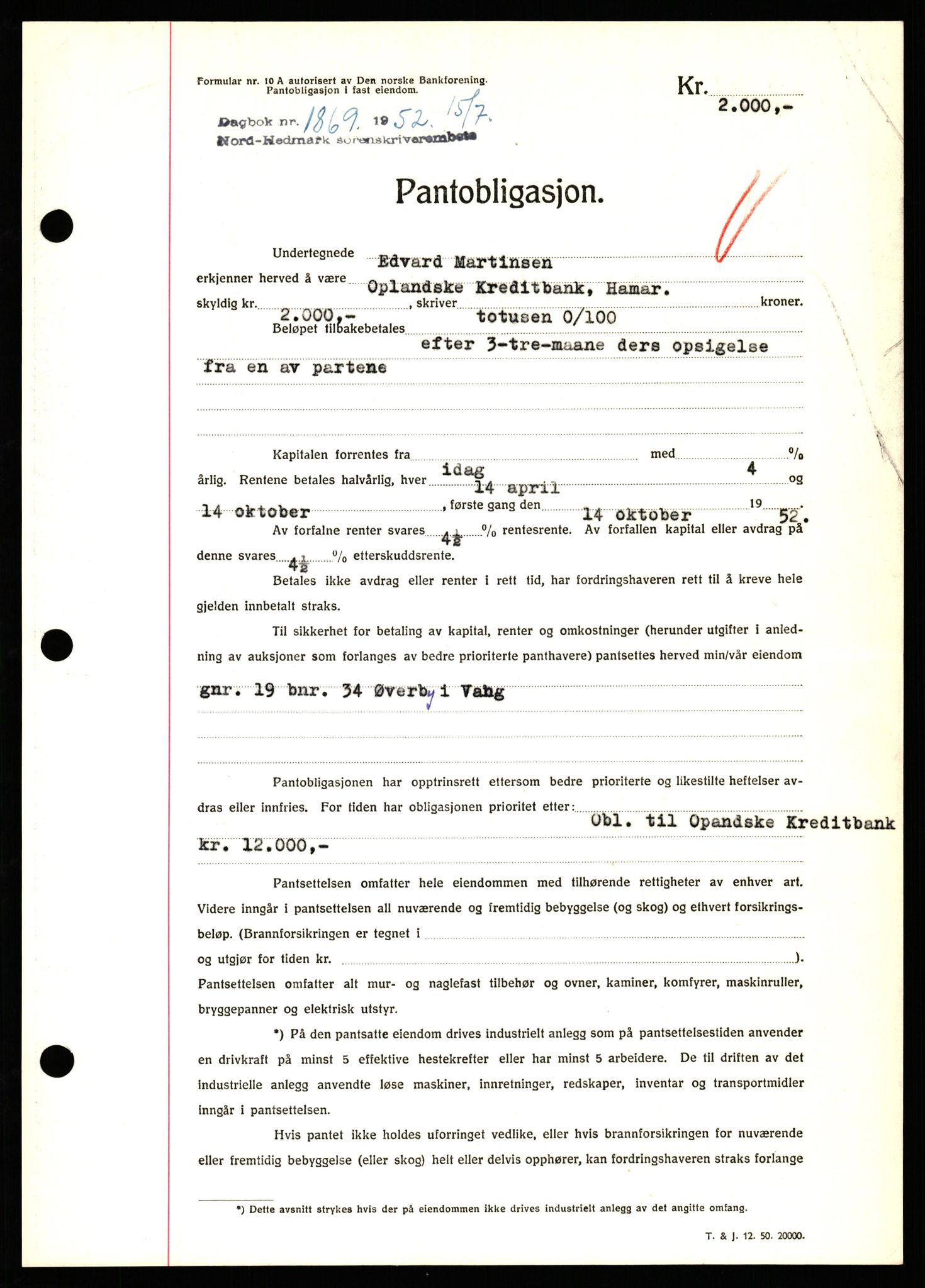 Nord-Hedmark sorenskriveri, SAH/TING-012/H/Hb/Hbf/L0025: Pantebok nr. B25, 1952-1952, Dagboknr: 1869/1952