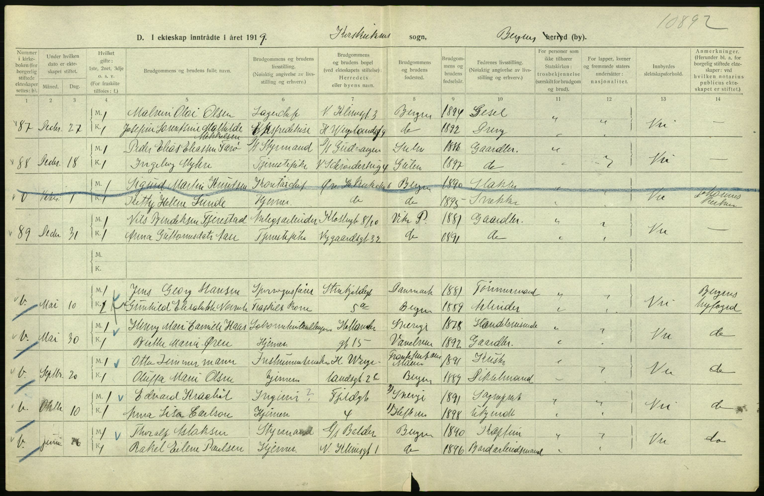 Statistisk sentralbyrå, Sosiodemografiske emner, Befolkning, RA/S-2228/D/Df/Dfb/Dfbi/L0035: Bergen: Gifte, døde, dødfødte., 1919, s. 236