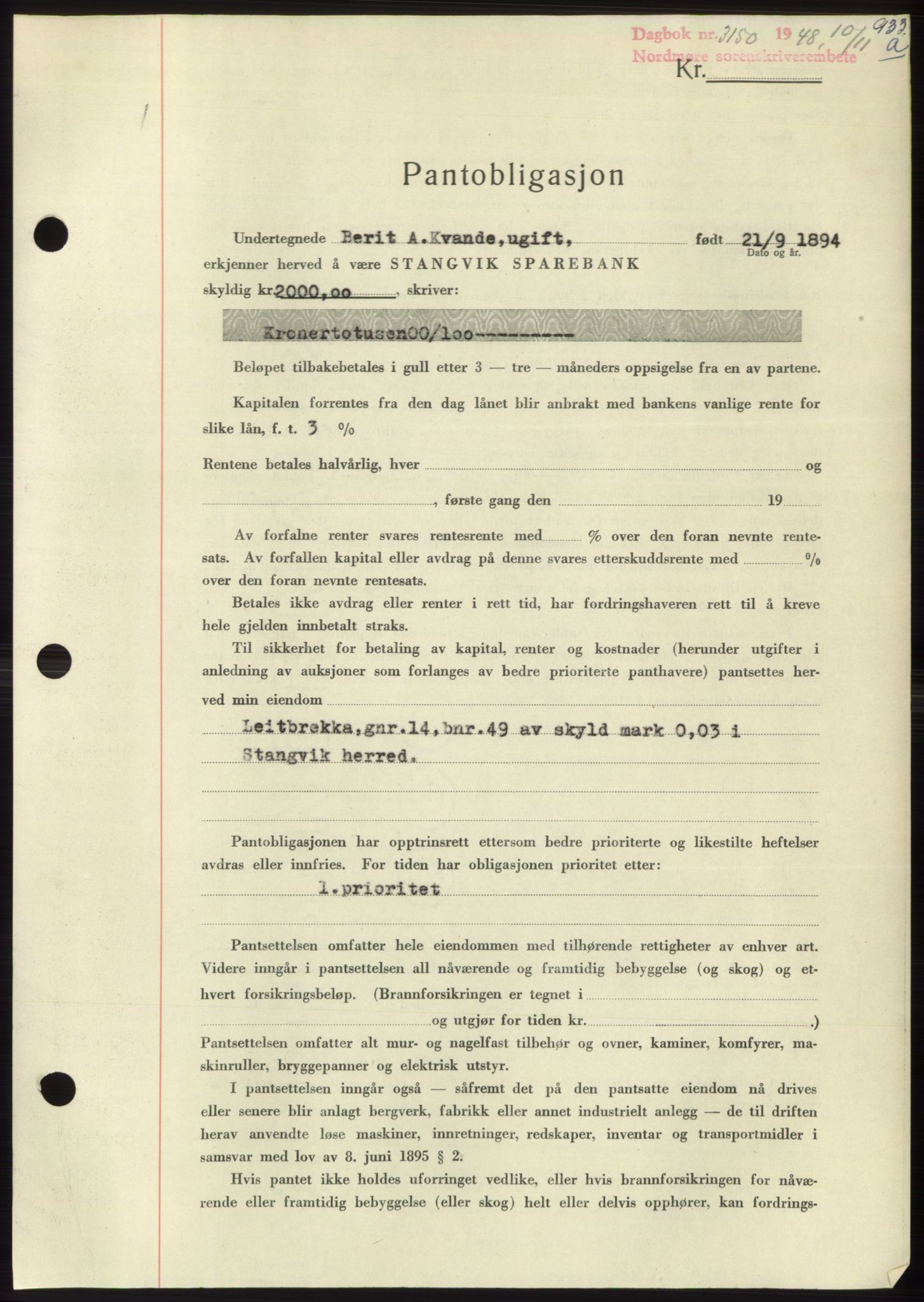Nordmøre sorenskriveri, SAT/A-4132/1/2/2Ca: Pantebok nr. B99, 1948-1948, Dagboknr: 3150/1948