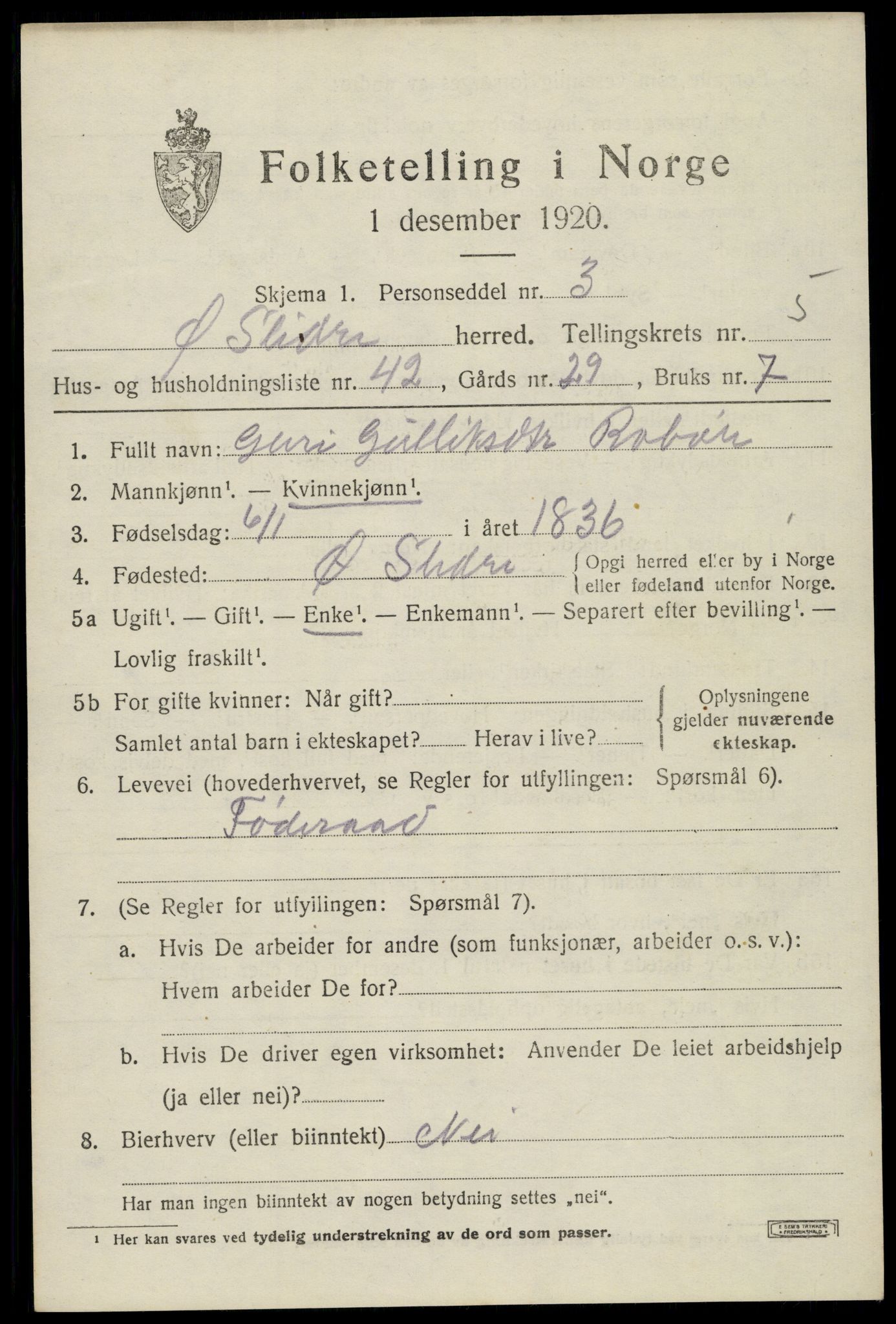 SAH, Folketelling 1920 for 0544 Øystre Slidre herred, 1920, s. 3285