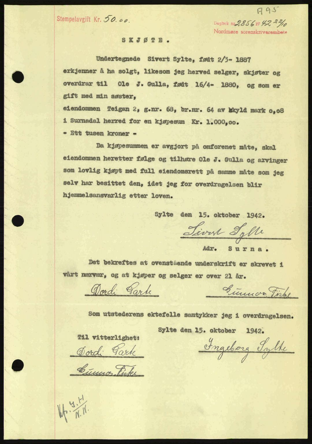 Nordmøre sorenskriveri, AV/SAT-A-4132/1/2/2Ca: Pantebok nr. A94, 1942-1943, Dagboknr: 2856/1942