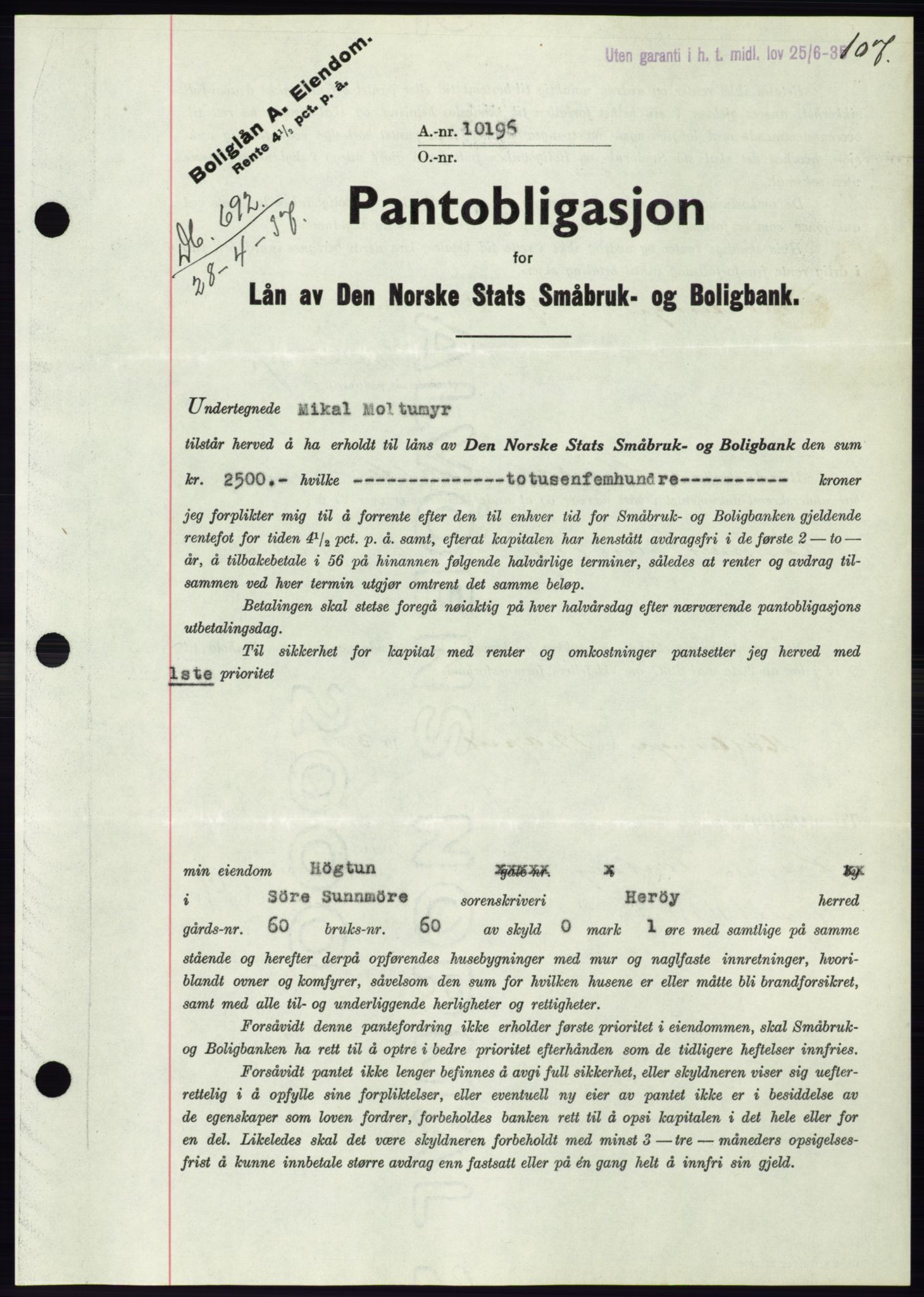 Søre Sunnmøre sorenskriveri, AV/SAT-A-4122/1/2/2C/L0063: Pantebok nr. 57, 1937-1937, Dagboknr: 692/1937