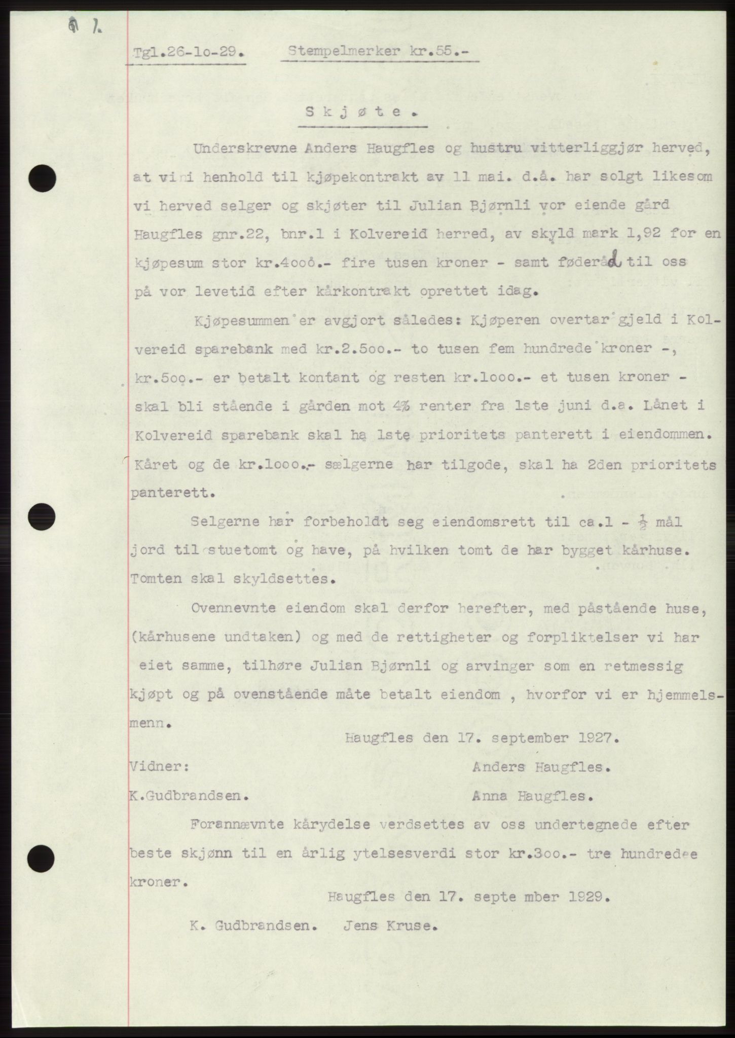 Namdal sorenskriveri, SAT/A-4133/1/2/2C: Pantebok nr. -, 1926-1930, Tingl.dato: 26.10.1929