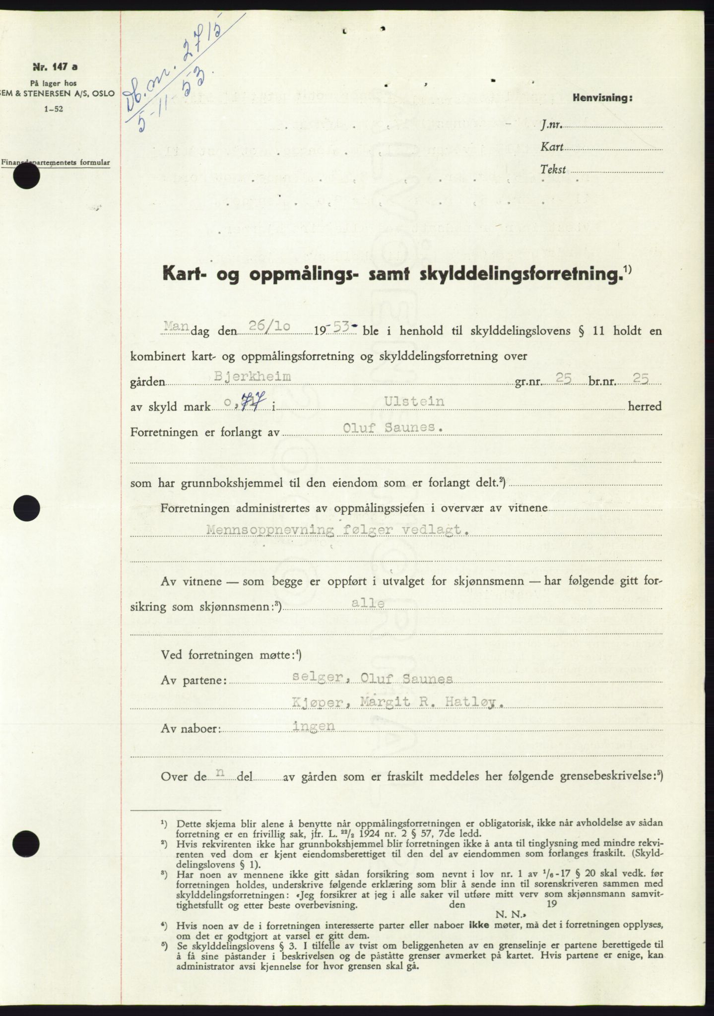 Søre Sunnmøre sorenskriveri, SAT/A-4122/1/2/2C/L0096: Pantebok nr. 22A, 1953-1954, Dagboknr: 2715/1953