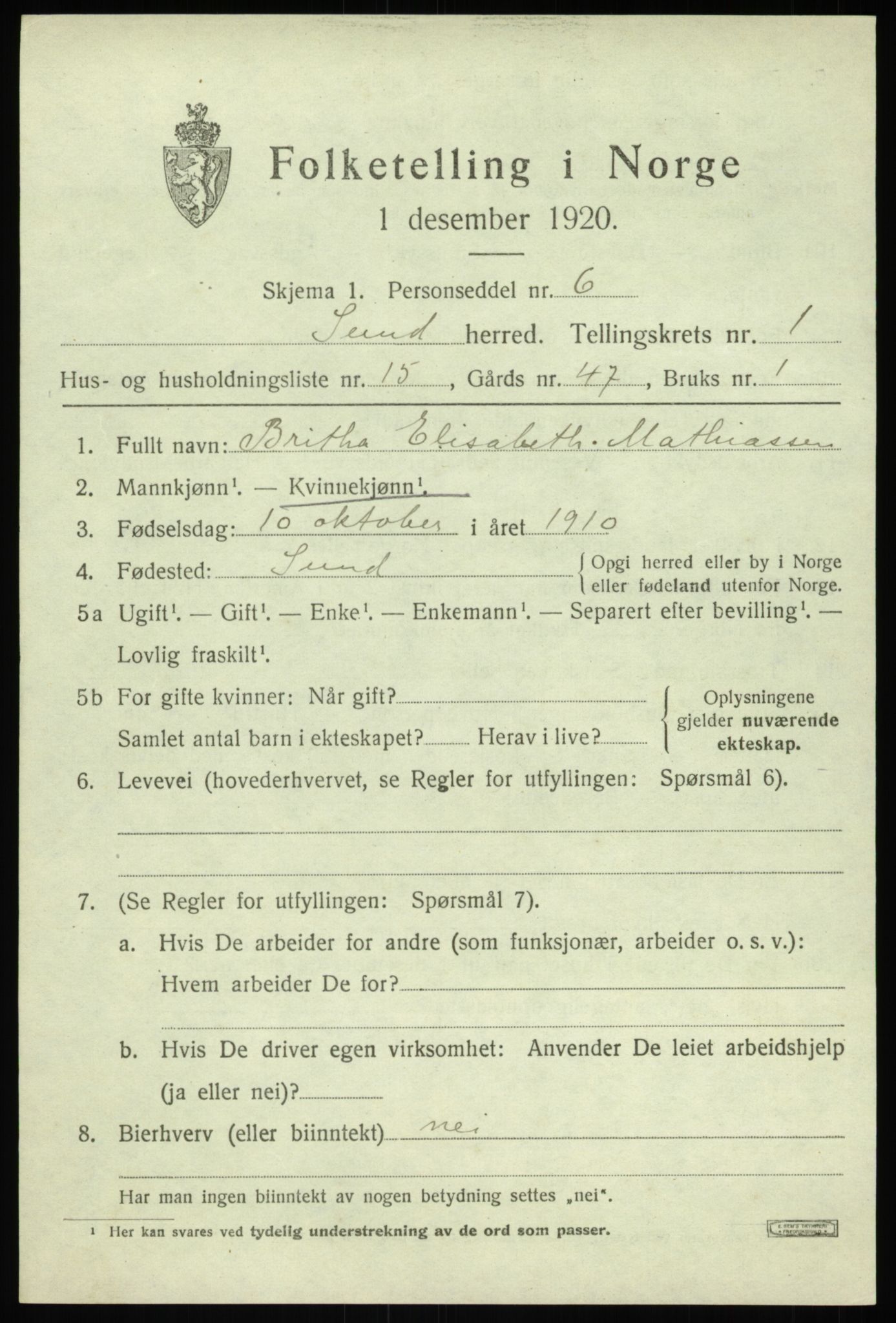SAB, Folketelling 1920 for 1245 Sund herred, 1920, s. 1103