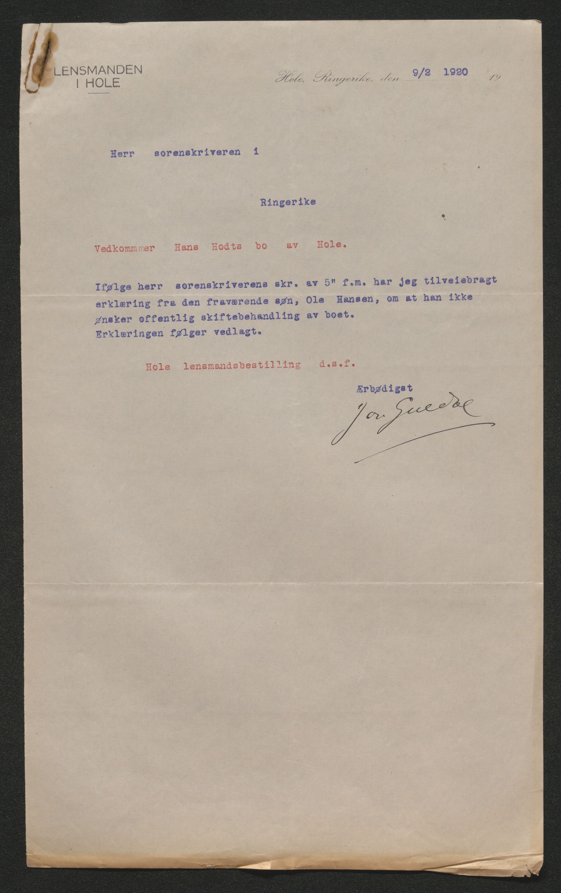 Ringerike sorenskriveri, AV/SAKO-A-105/H/Ha/Hab/L0020: Dødsfallslister Hole, 1918-1925