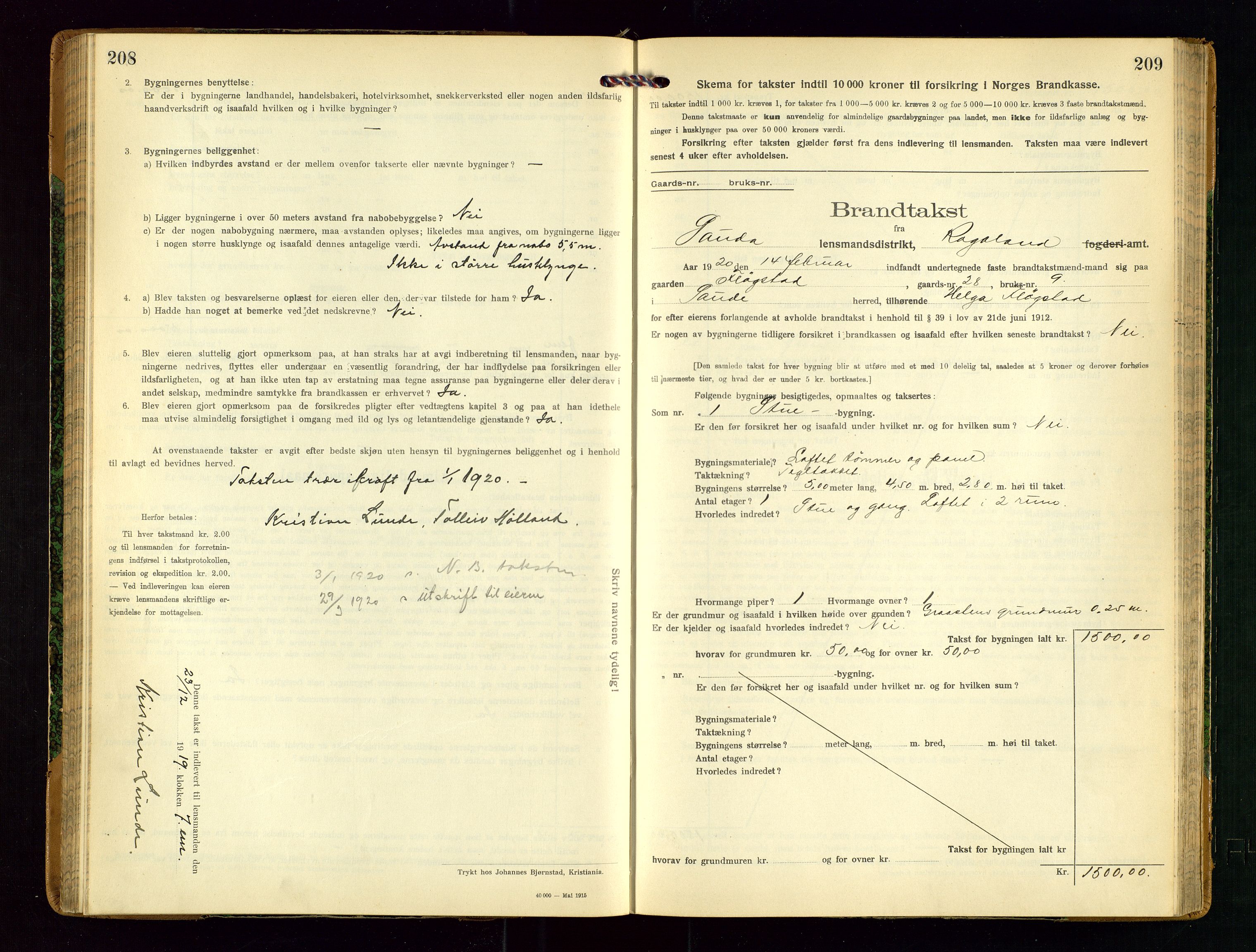 Sauda lensmannskontor, AV/SAST-A-100177/Gob/L0002: Branntakstprotokoll - skjematakst, 1916-1928, s. 208-209