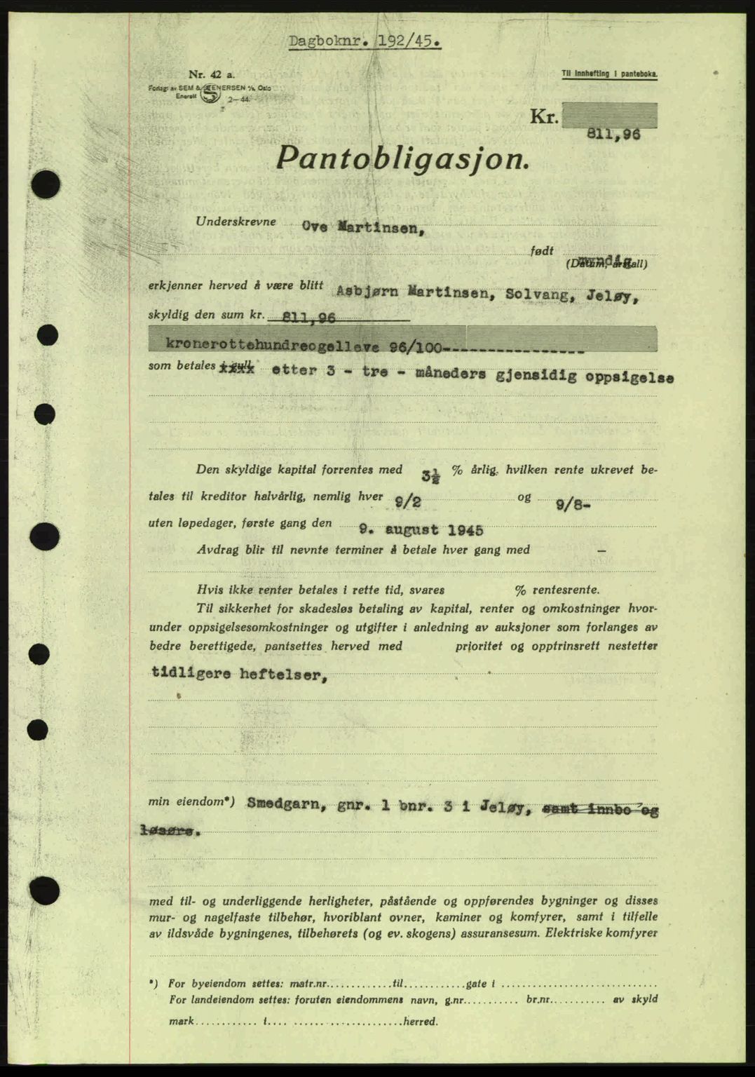 Moss sorenskriveri, SAO/A-10168: Pantebok nr. B13, 1943-1945, Dagboknr: 192/1945