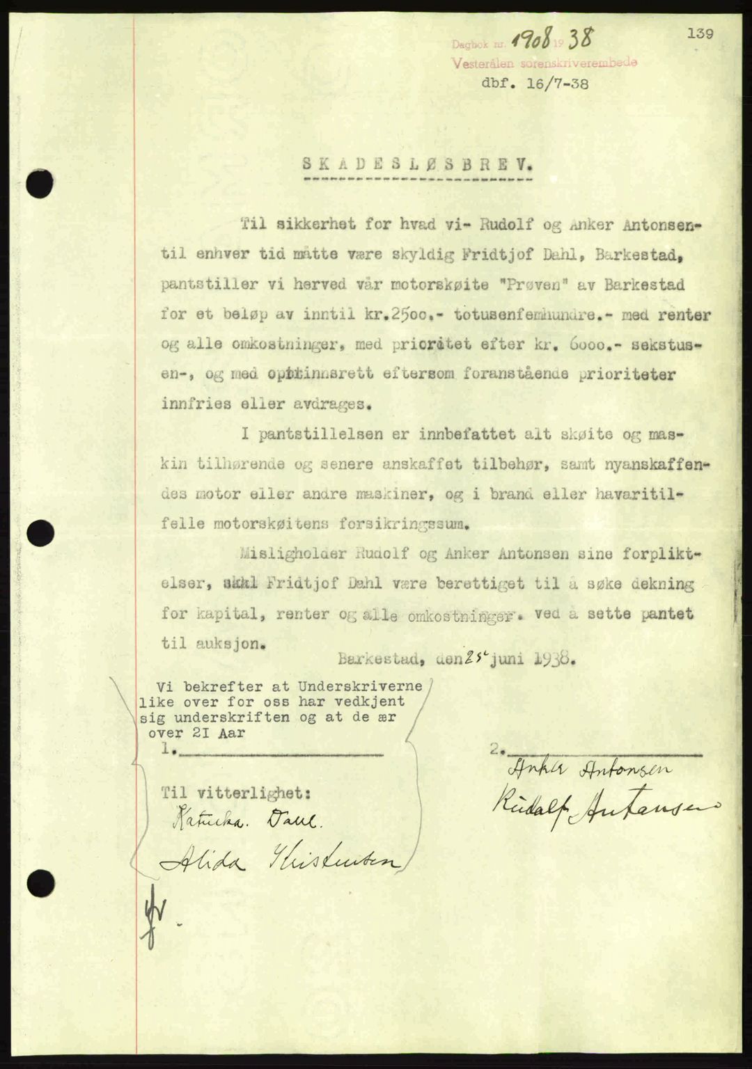 Vesterålen sorenskriveri, AV/SAT-A-4180/1/2/2Ca: Pantebok nr. B6-10, 1938-1941, Dagboknr: 1908/1938