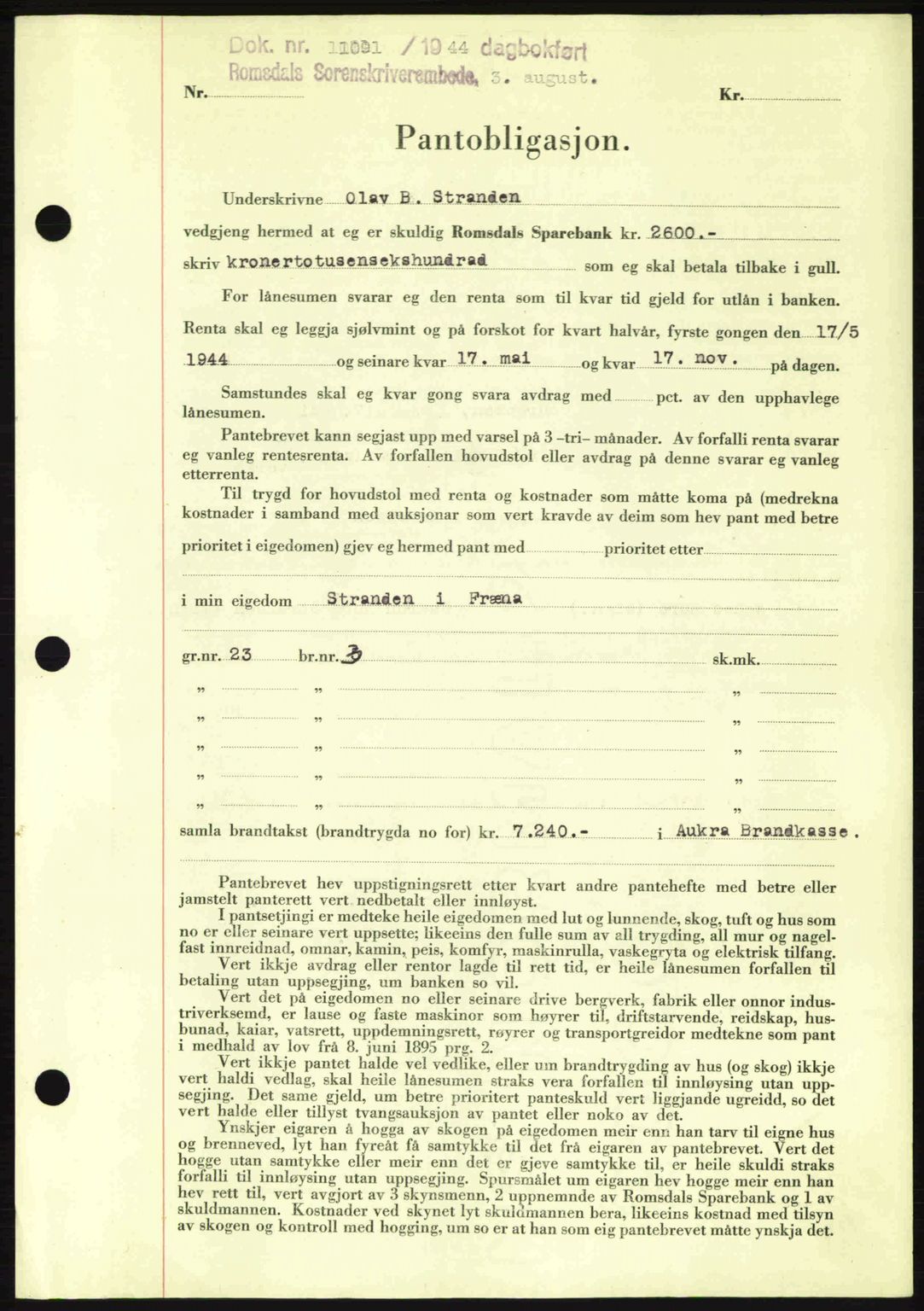 Romsdal sorenskriveri, SAT/A-4149/1/2/2C: Pantebok nr. B2, 1939-1945, Dagboknr: 1109/1944