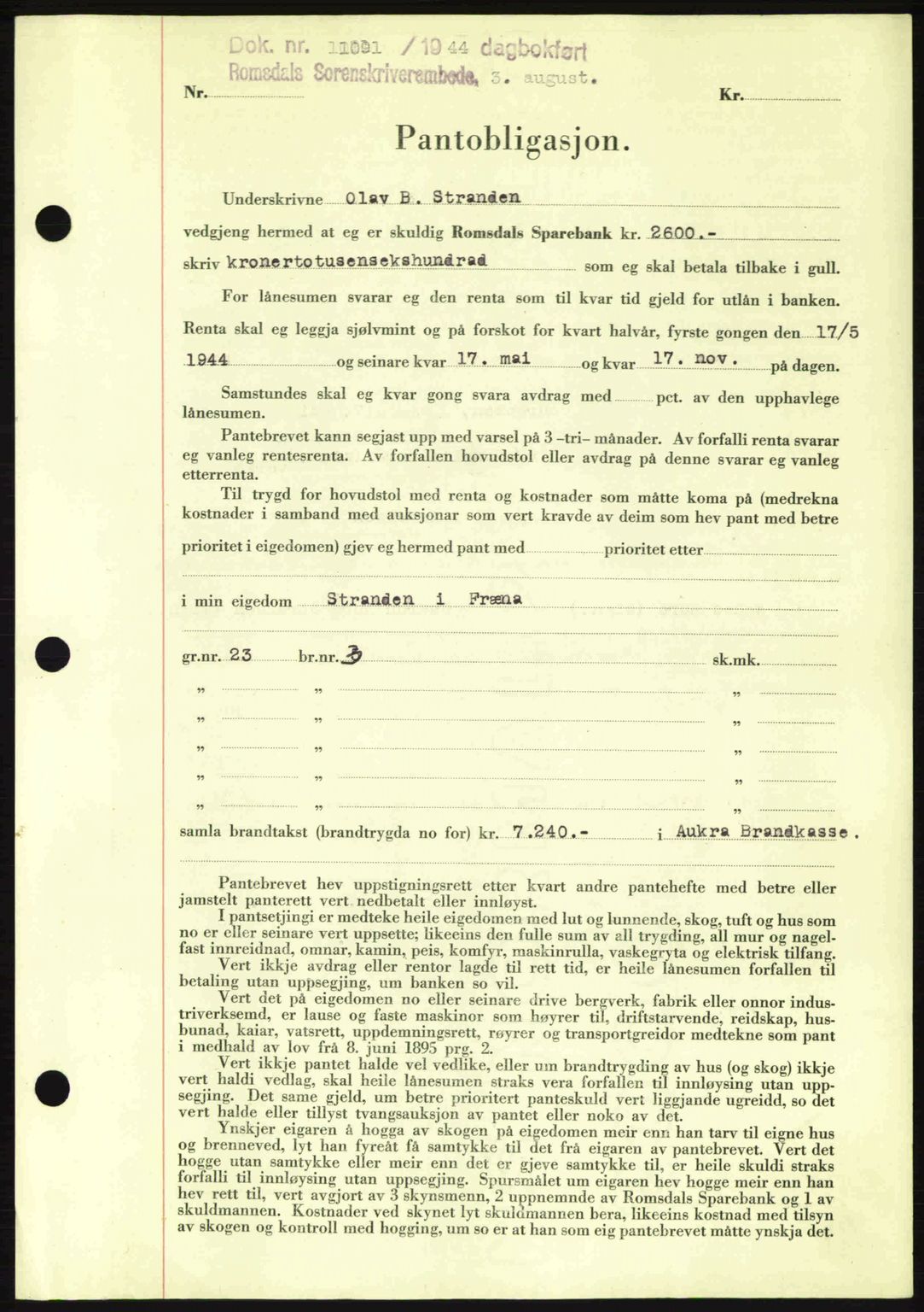 Romsdal sorenskriveri, AV/SAT-A-4149/1/2/2C: Pantebok nr. B2, 1939-1945, Dagboknr: 1109/1944