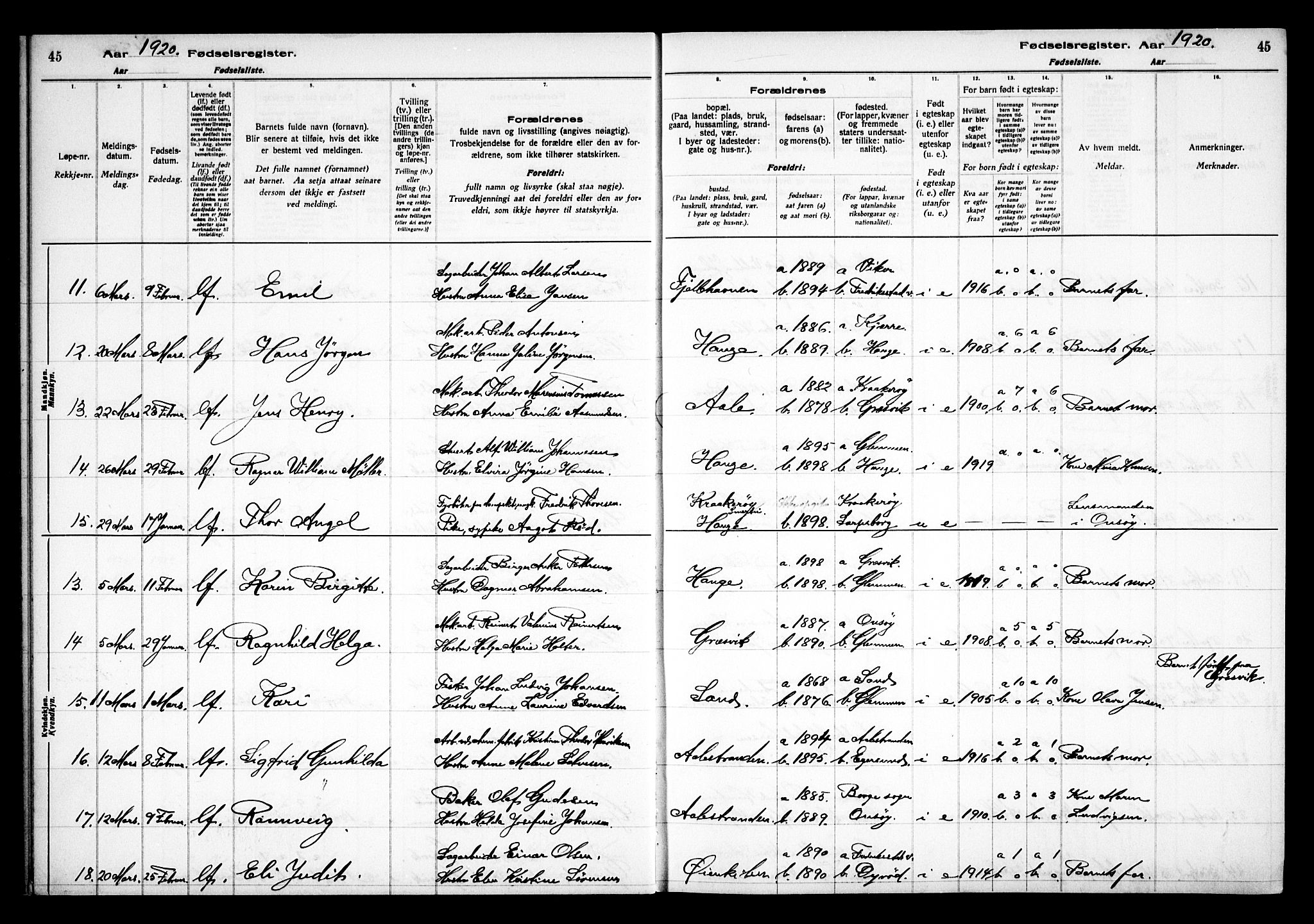 Onsøy prestekontor Kirkebøker, AV/SAO-A-10914/J/Jb/L0001: Fødselsregister nr. II 1, 1916-1938, s. 45