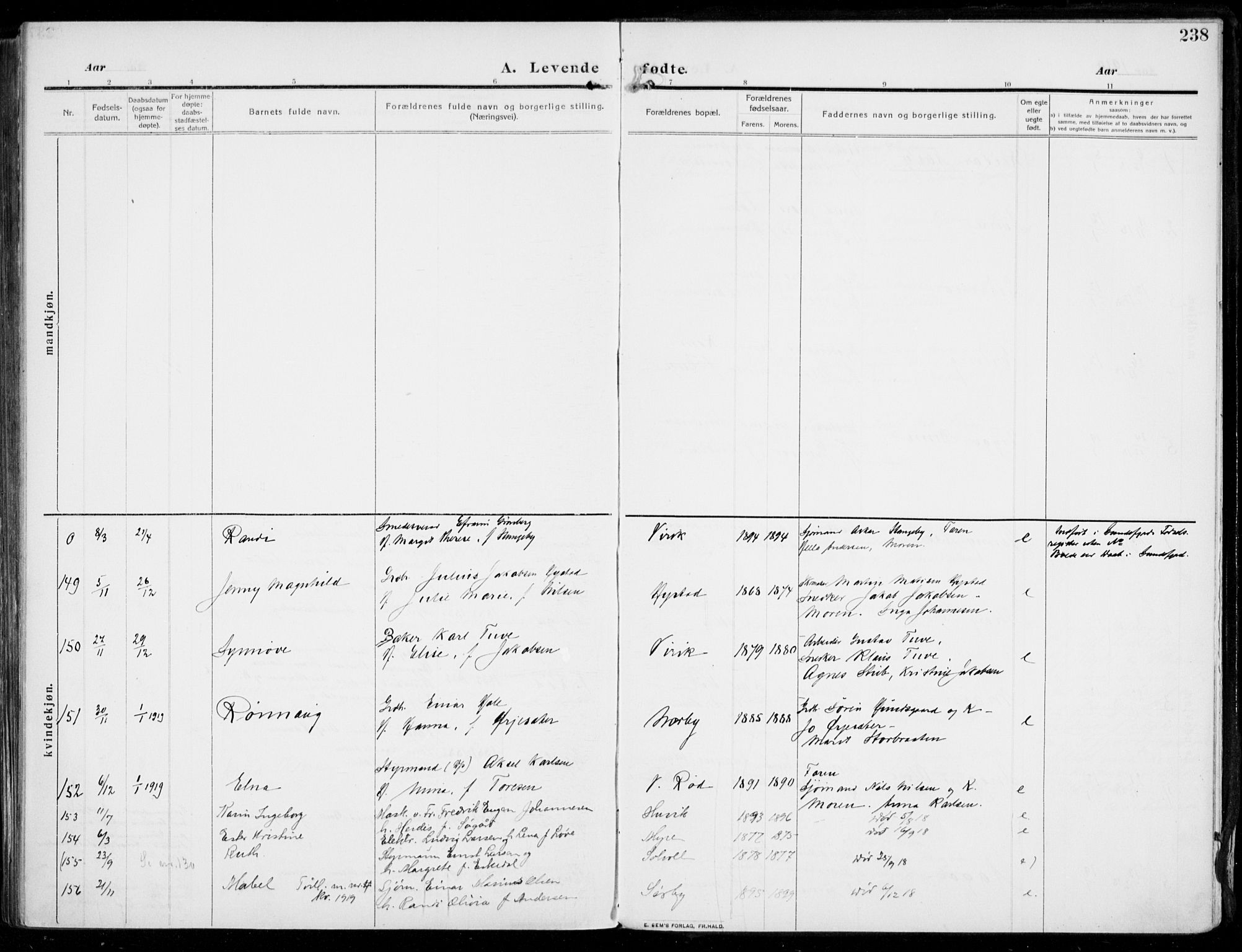 Sandar kirkebøker, AV/SAKO-A-243/F/Fa/L0016: Ministerialbok nr. 16, 1909-1919, s. 238