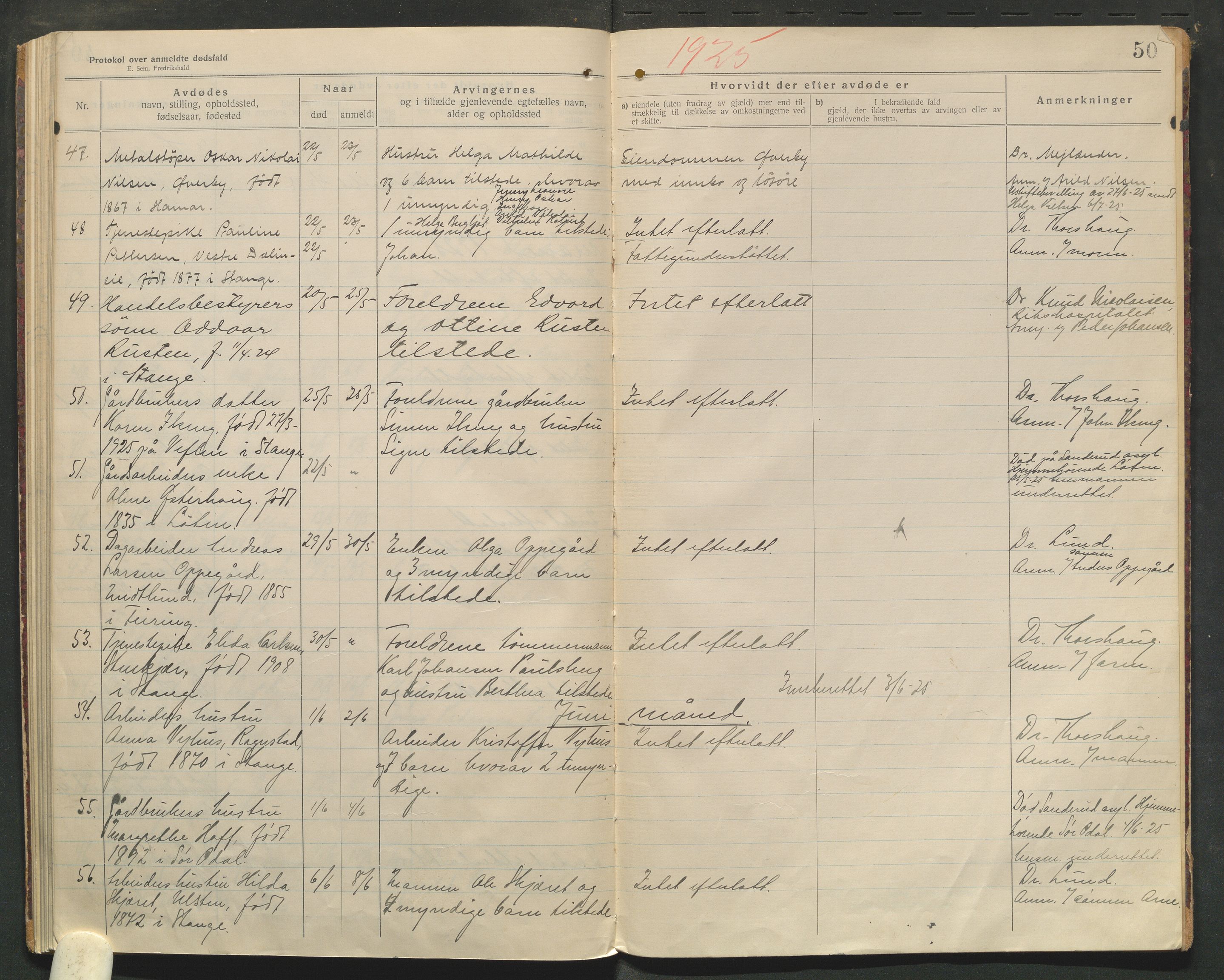 Stange lensmannskontor, AV/SAH-LHS-020/H/Ha/Haa/L0001/0004: Dødsfallsprotokoller / Dødsfallsprotokoll, 1921-1925, s. 50