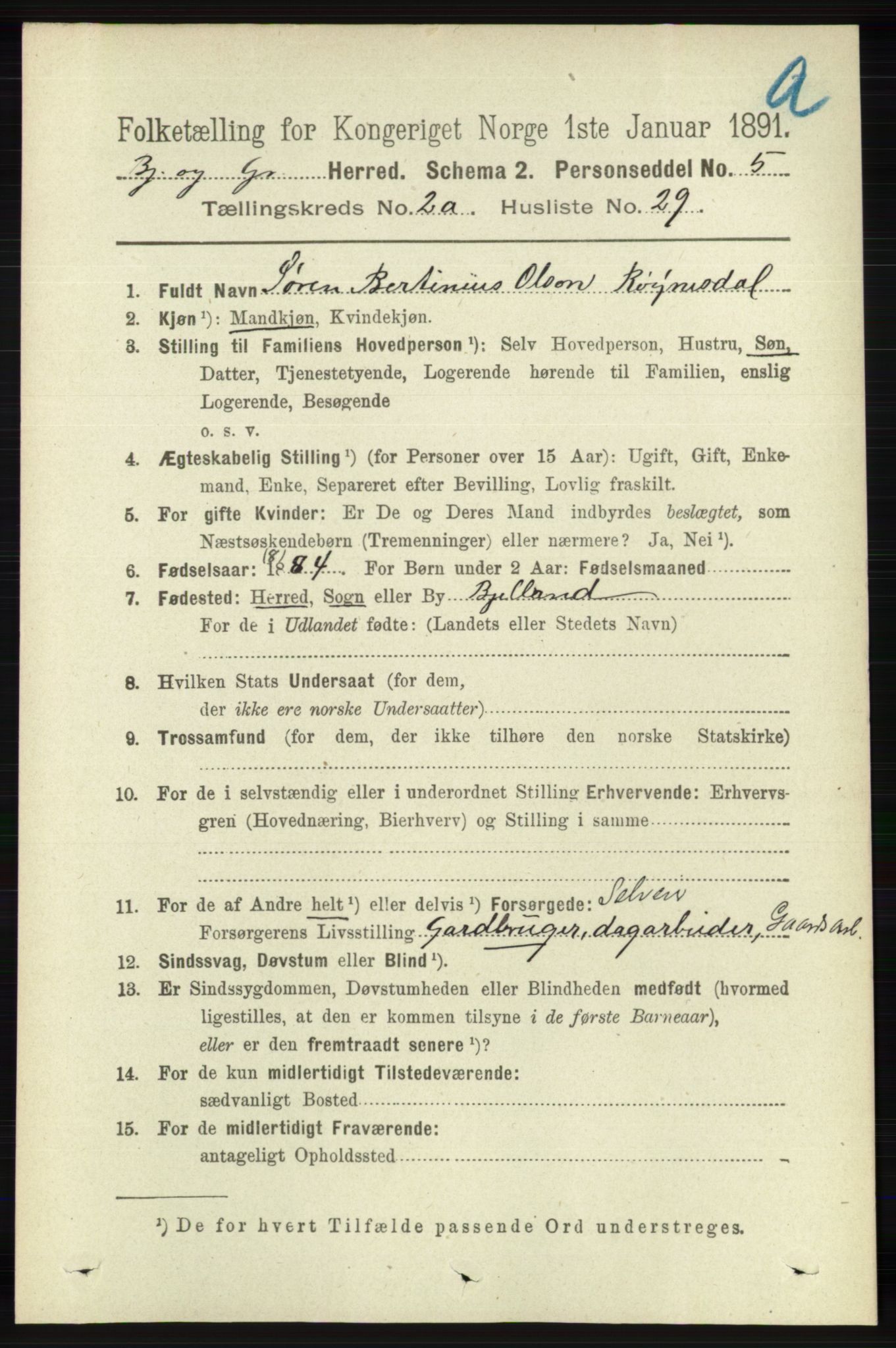 RA, Folketelling 1891 for 1024 Bjelland og Grindheim herred, 1891, s. 1295