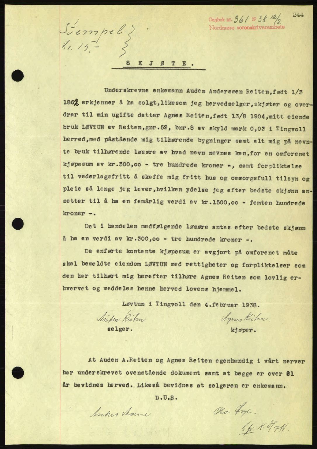 Nordmøre sorenskriveri, SAT/A-4132/1/2/2Ca: Pantebok nr. A83, 1938-1938, Dagboknr: 361/1938