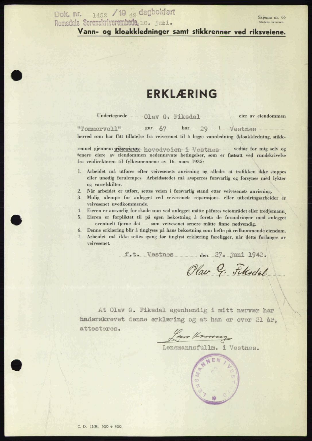 Romsdal sorenskriveri, SAT/A-4149/1/2/2C: Pantebok nr. A12, 1942-1942, Dagboknr: 1452/1942