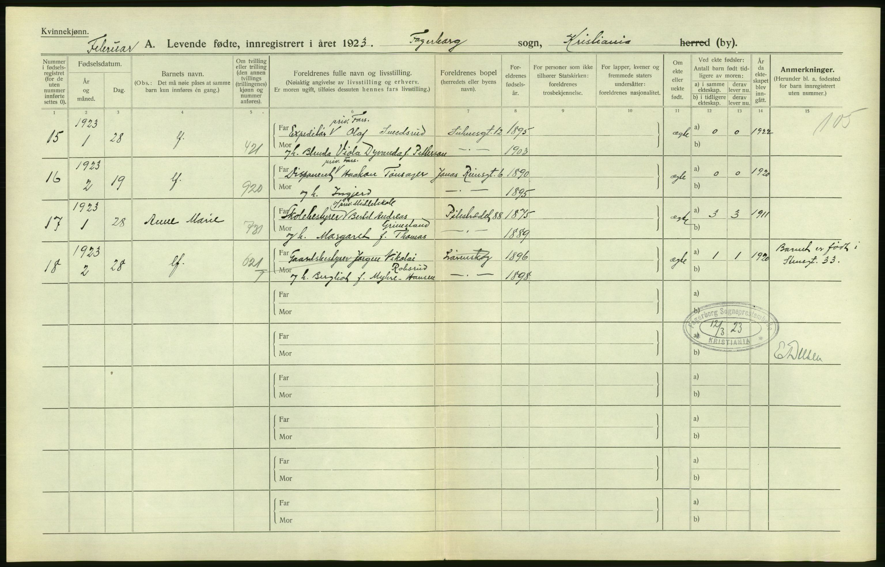 Statistisk sentralbyrå, Sosiodemografiske emner, Befolkning, AV/RA-S-2228/D/Df/Dfc/Dfcc/L0006: Kristiania: Levendefødte menn og kvinner., 1923, s. 80