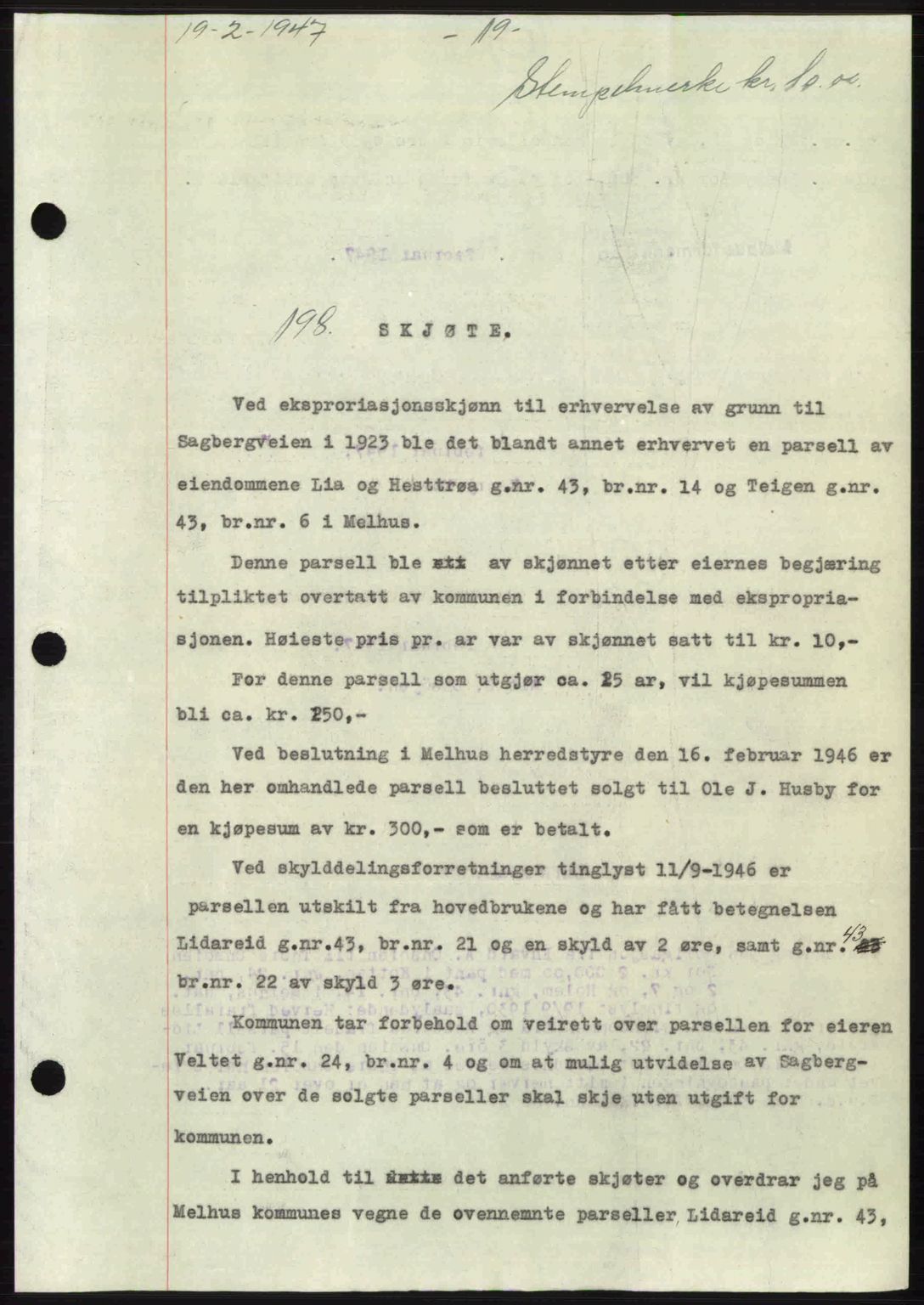 Gauldal sorenskriveri, SAT/A-0014/1/2/2C: Pantebok nr. A3, 1947-1947, Dagboknr: 198/1947
