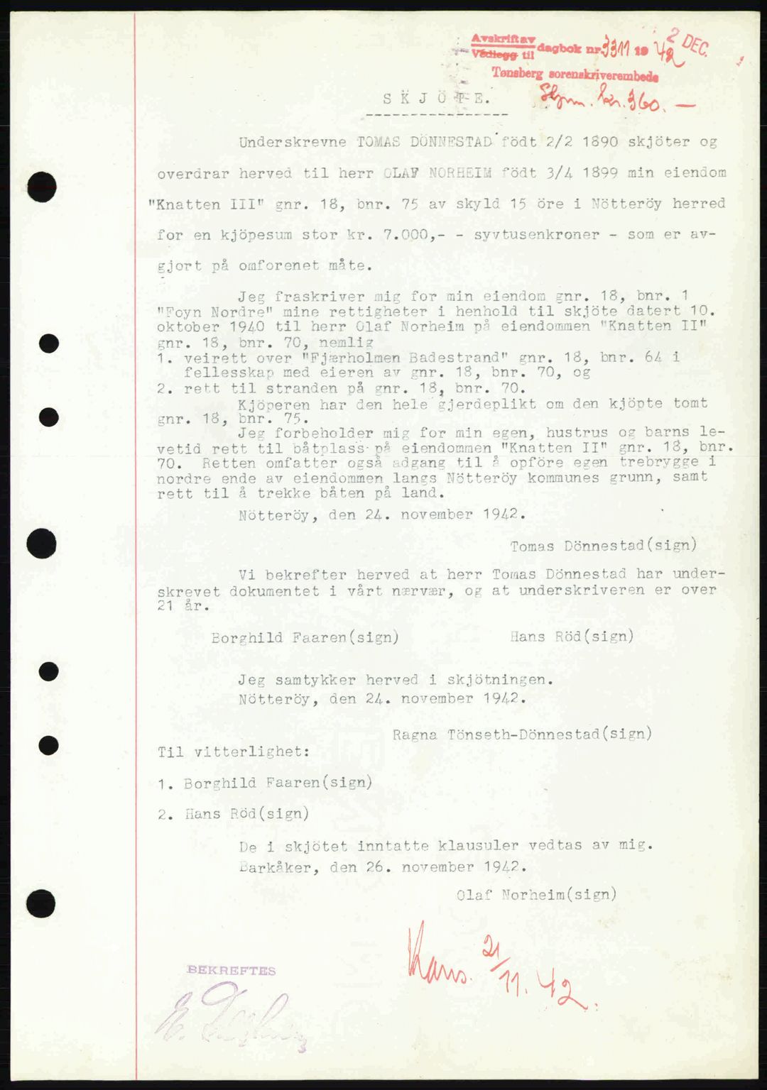 Tønsberg sorenskriveri, AV/SAKO-A-130/G/Ga/Gaa/L0012: Pantebok nr. A12, 1942-1943, Dagboknr: 3311/1942