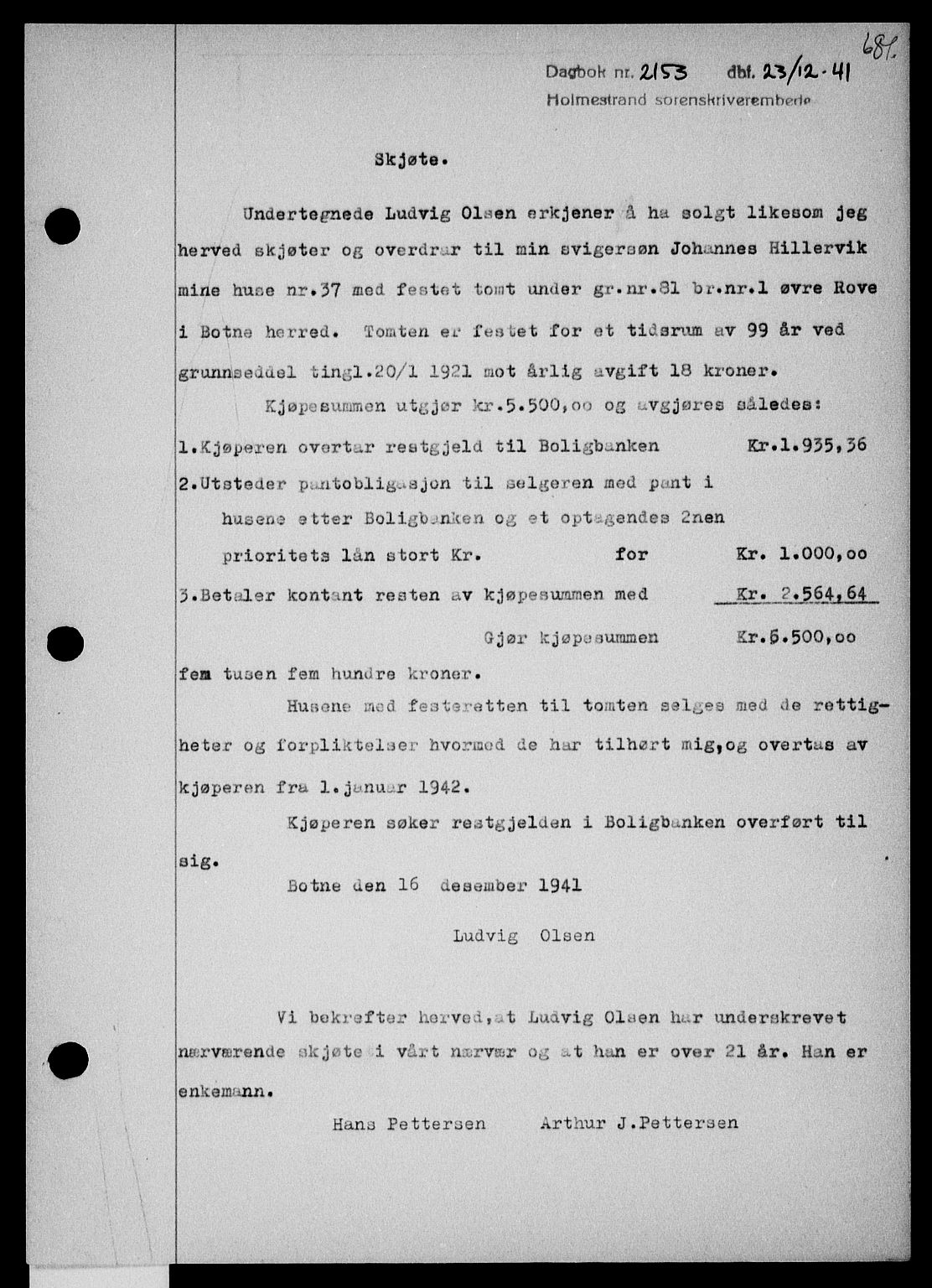 Holmestrand sorenskriveri, SAKO/A-67/G/Ga/Gaa/L0054: Pantebok nr. A-54, 1941-1942, Dagboknr: 2153/1941