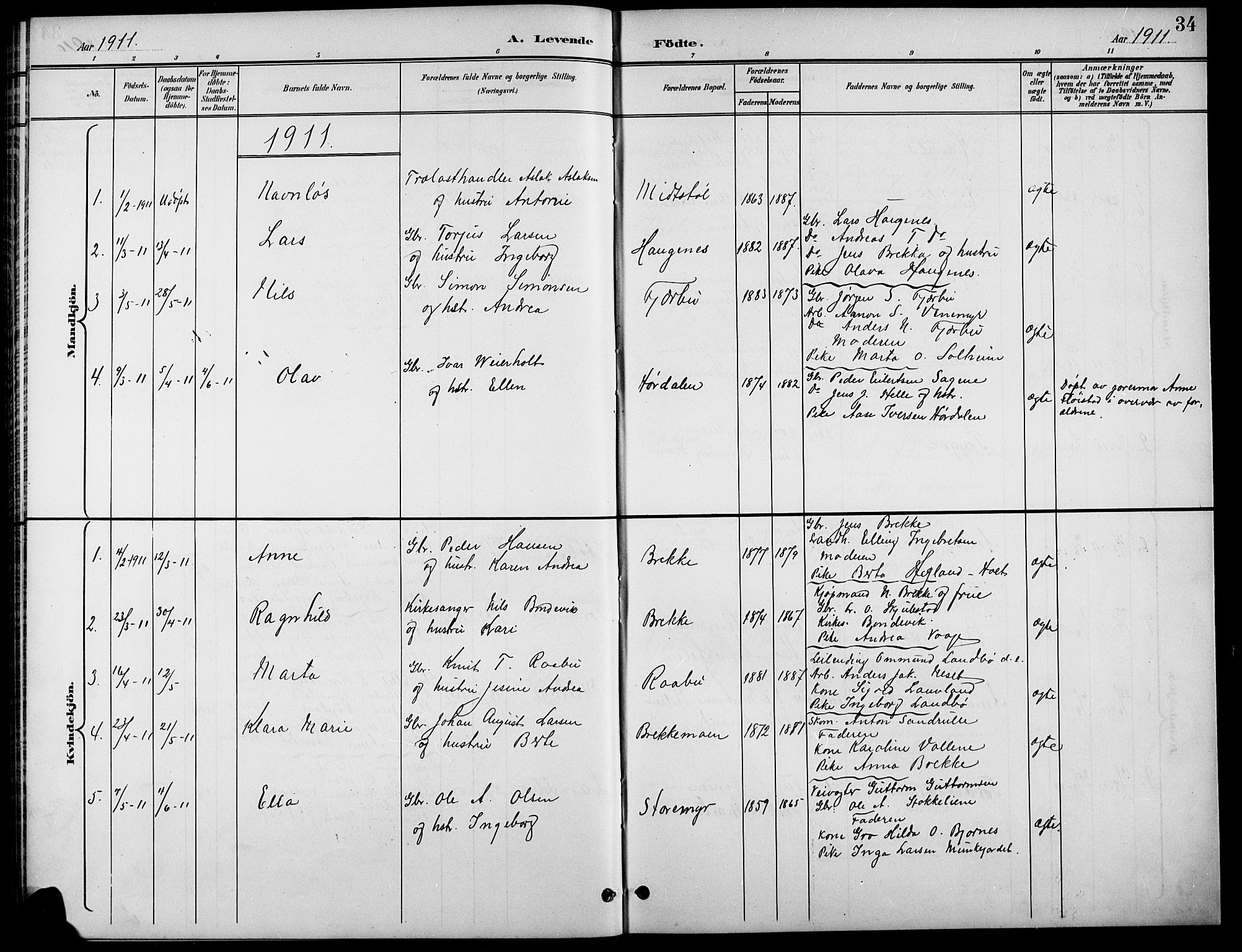 Austre Moland sokneprestkontor, SAK/1111-0001/F/Fb/Fba/L0004: Klokkerbok nr. B 4a, 1897-1913, s. 34