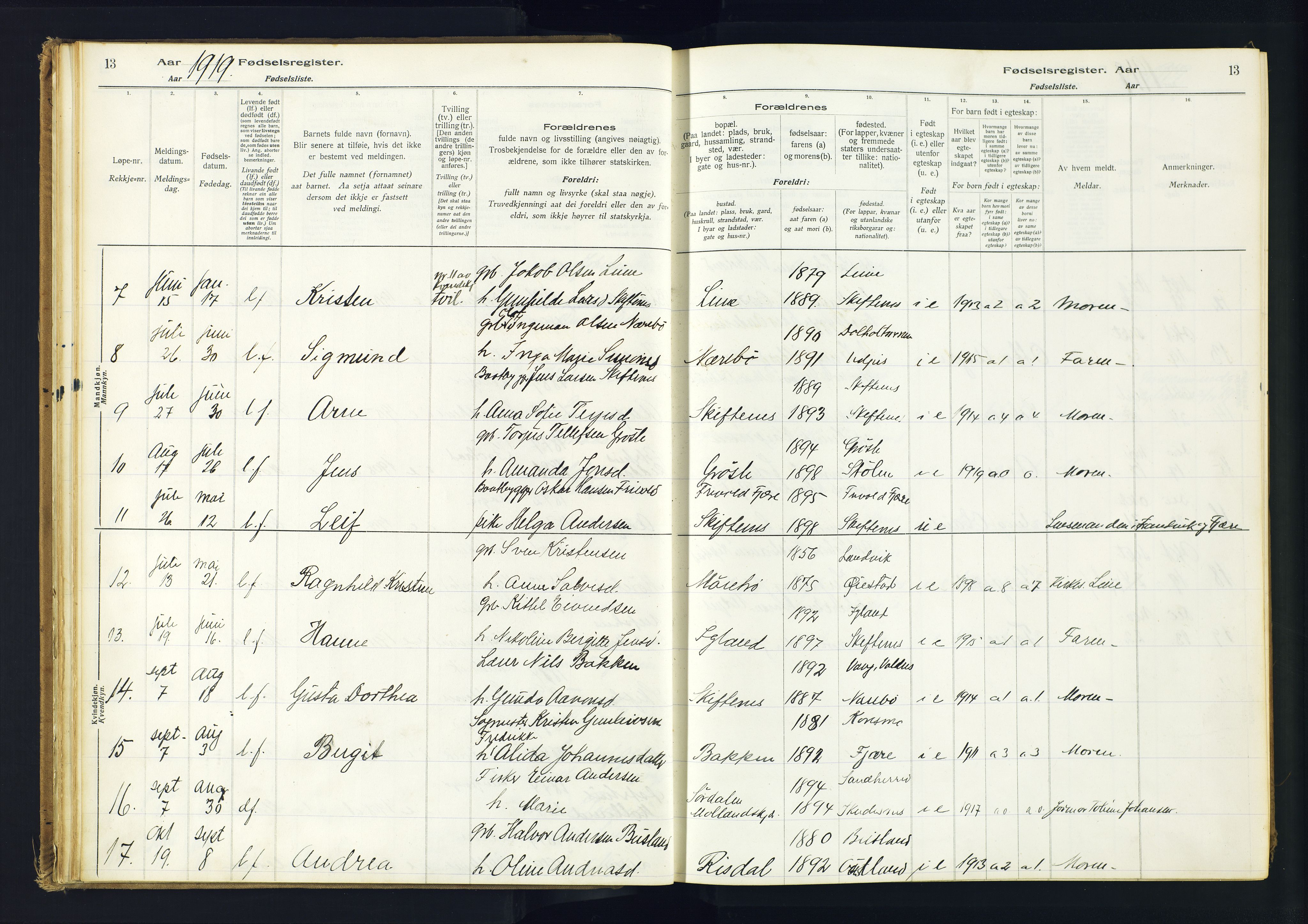 Hommedal sokneprestkontor, AV/SAK-1111-0023/J/Jd/L0001: Fødselsregister nr. 1, 1916-1962, s. 13