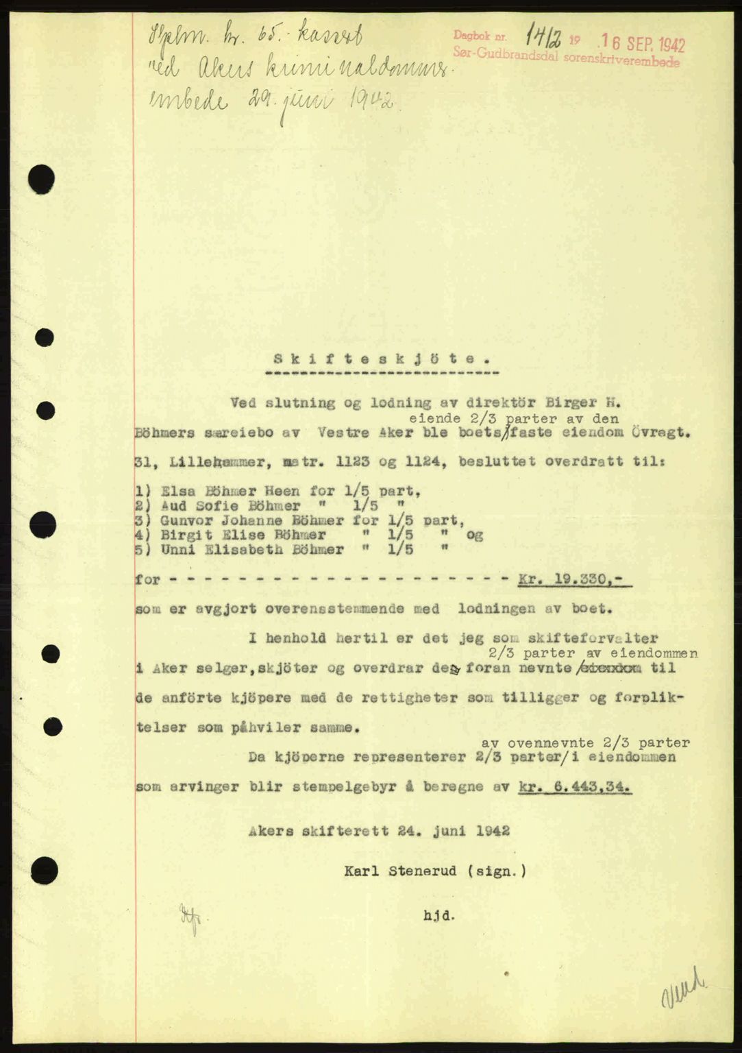 Sør-Gudbrandsdal tingrett, SAH/TING-004/H/Hb/Hbd/L0011: Pantebok nr. A11, 1942-1943, Dagboknr: 1412/1942