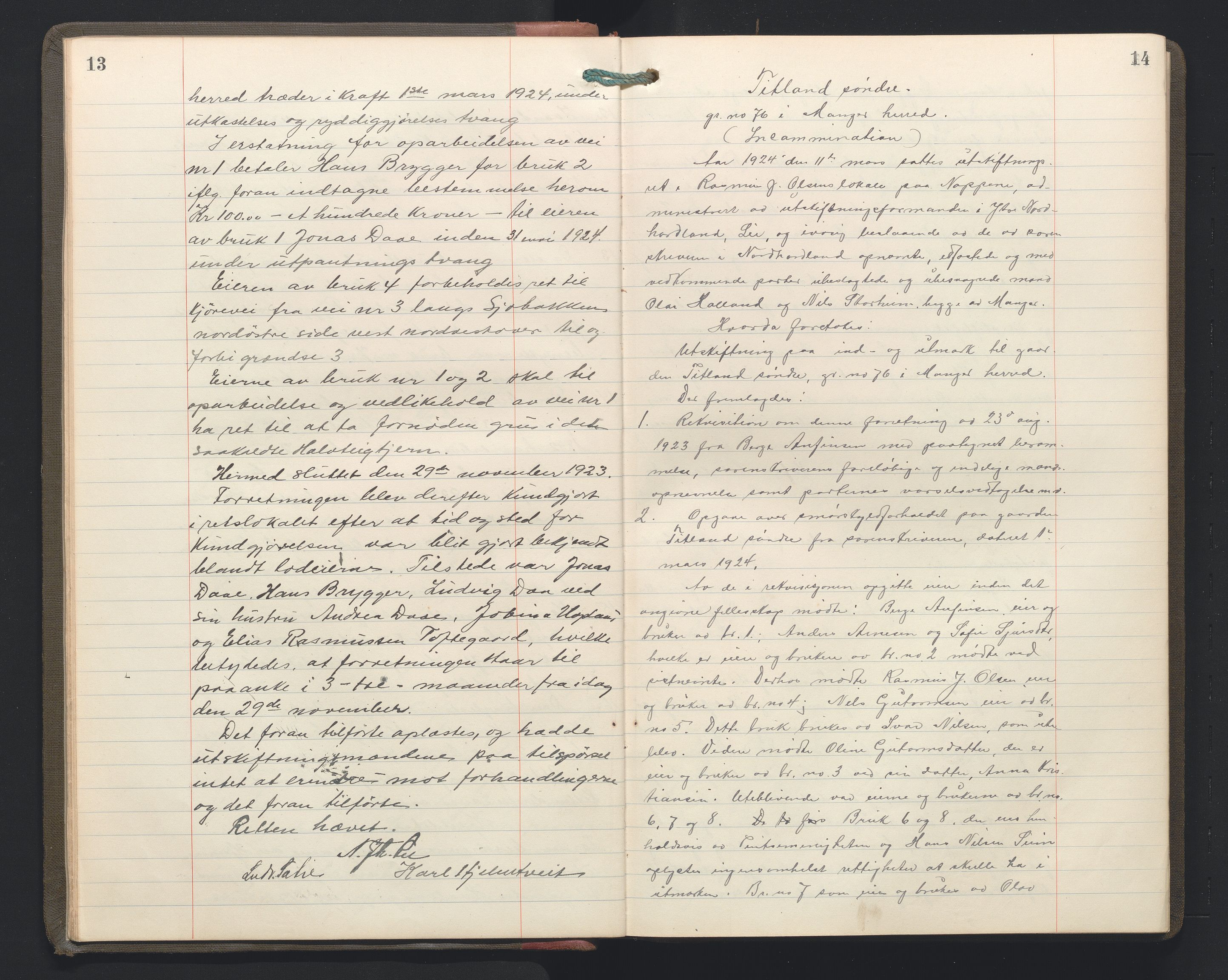 Hordaland jordskiftedøme - II Ytre Nordhordland jordskiftedistrikt, AV/SAB-A-6901/A/Aa/L0034: Forhandlingsprotokoll, 1923-1925, s. 13-14