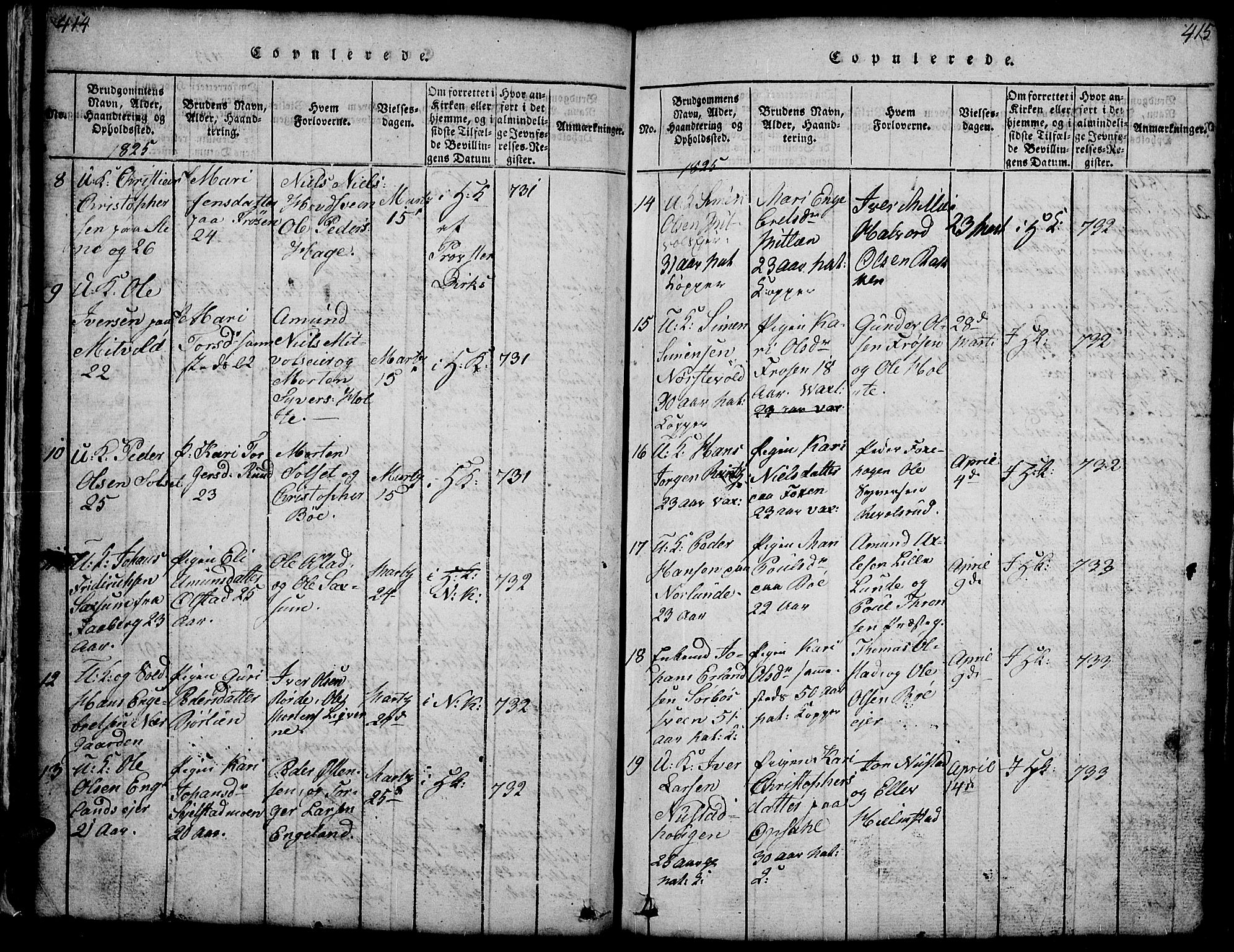 Gausdal prestekontor, SAH/PREST-090/H/Ha/Hab/L0001: Klokkerbok nr. 1, 1817-1848, s. 414-415