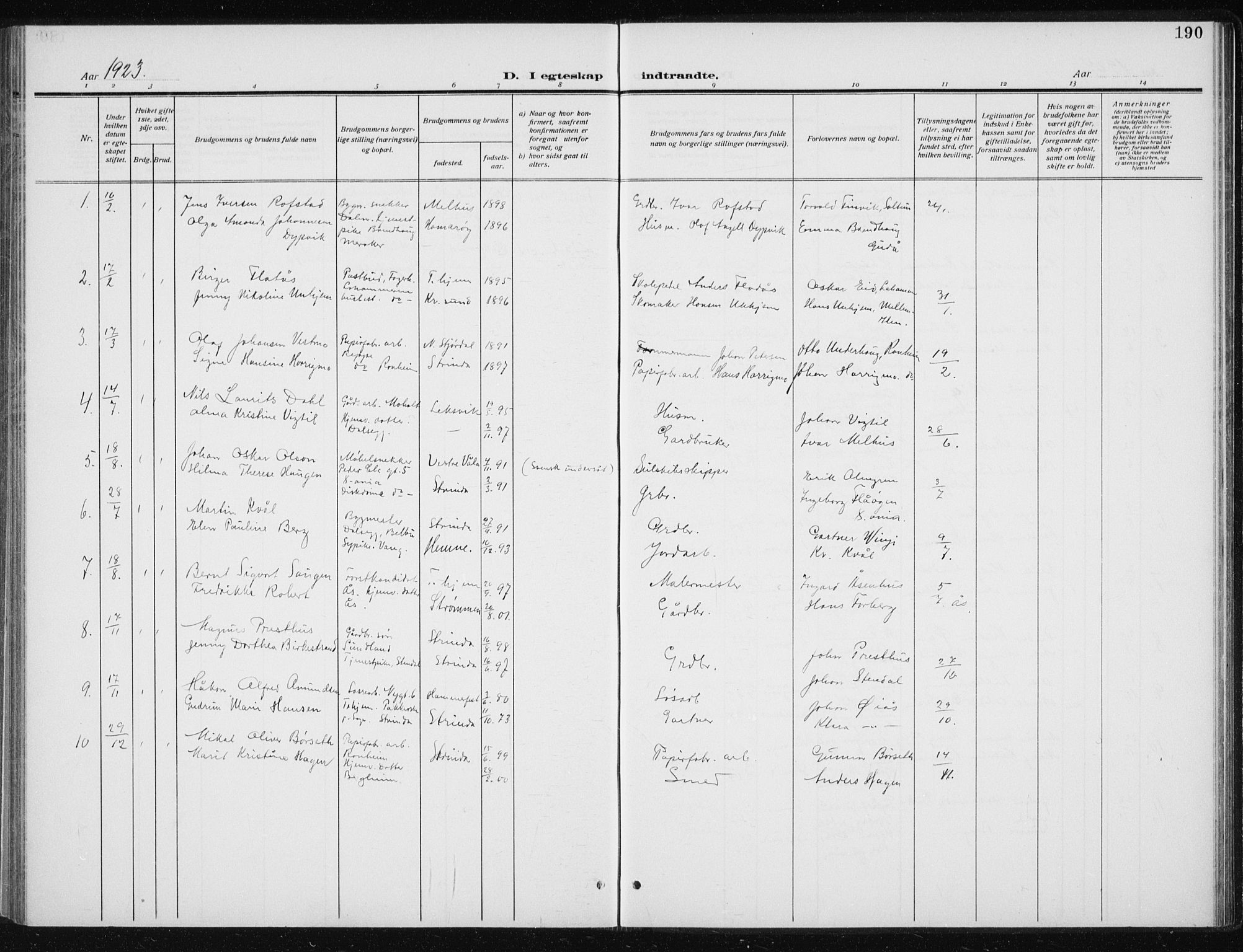 Ministerialprotokoller, klokkerbøker og fødselsregistre - Sør-Trøndelag, AV/SAT-A-1456/606/L0314: Klokkerbok nr. 606C10, 1911-1937, s. 190