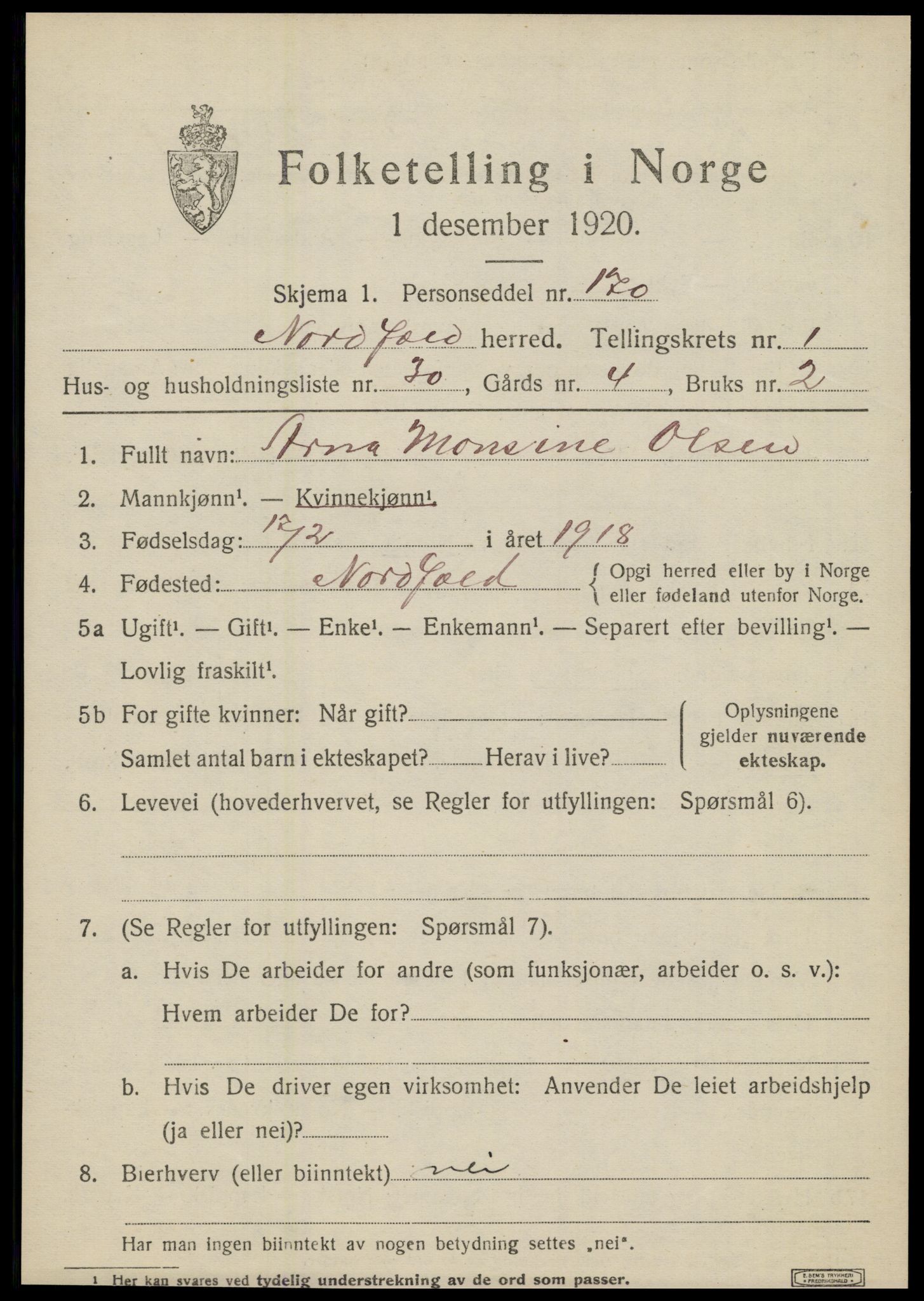 SAT, Folketelling 1920 for 1846 Nordfold herred, 1920, s. 851