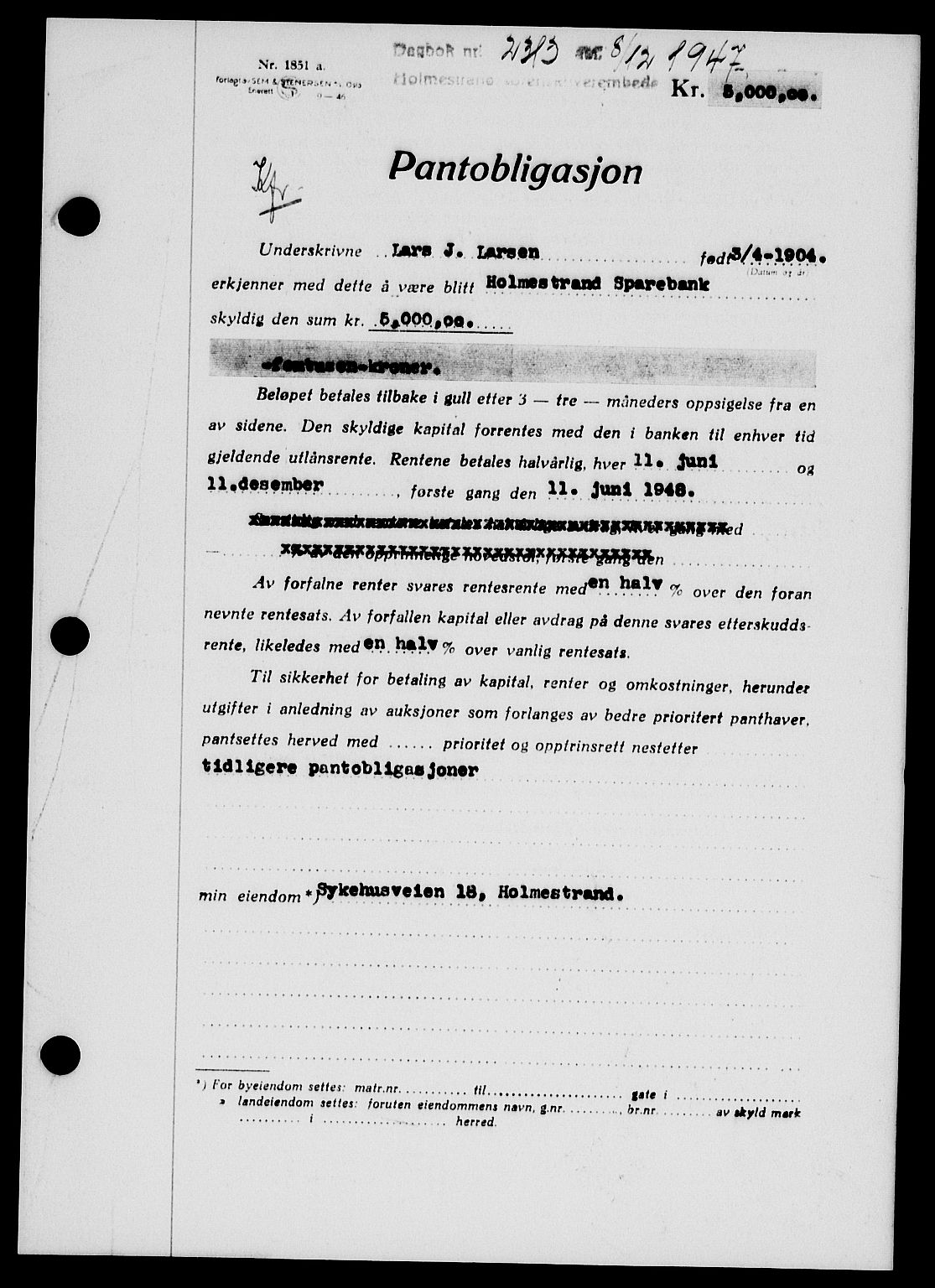 Holmestrand sorenskriveri, SAKO/A-67/G/Ga/Gab/L0058: Pantebok nr. B-58, 1947-1948, Dagboknr: 2313/1947